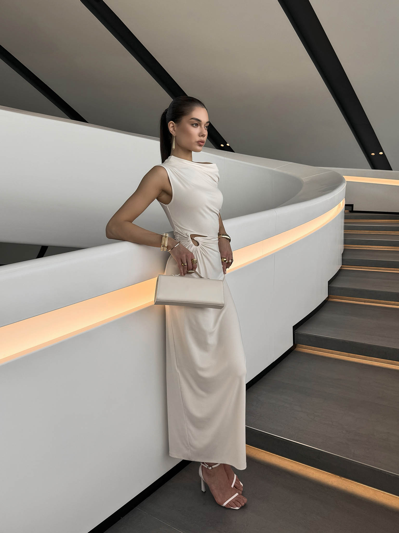 Jersey maxi dress with one-shoulder bodice and waist decoration