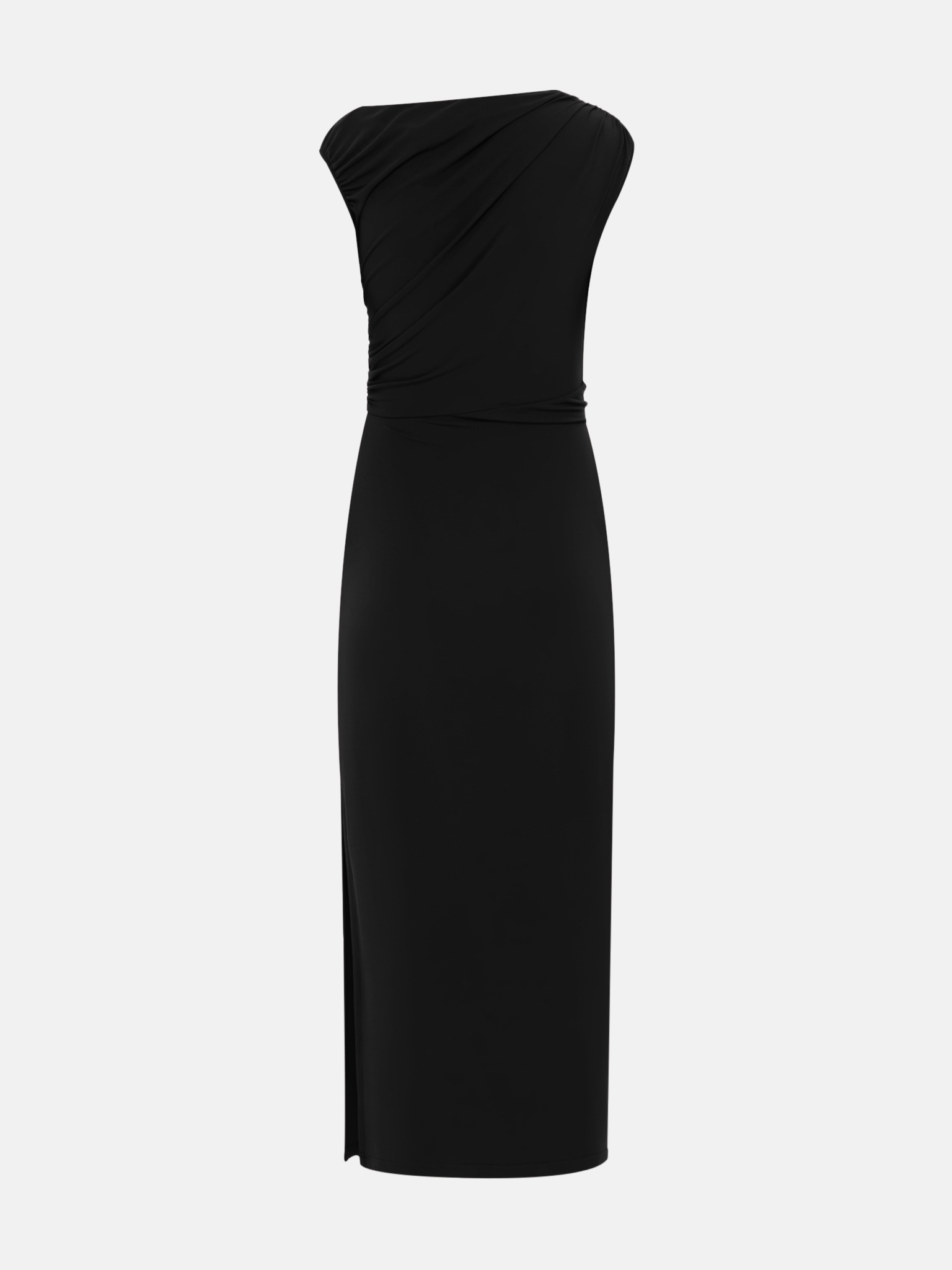 Трикотажное платье макси с лифом на одно плечо и декором на талии