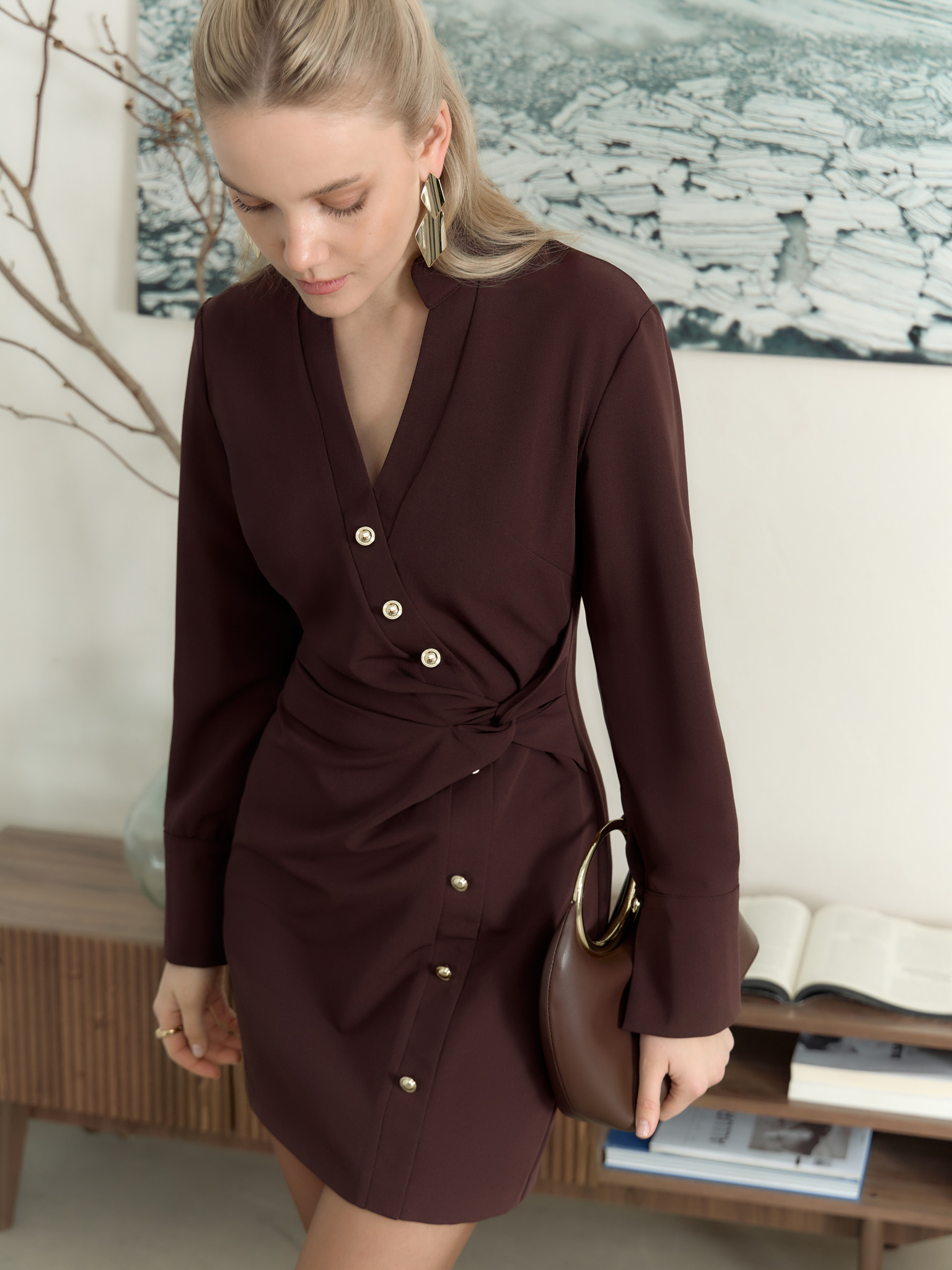 Mini dress with large buttons and draping