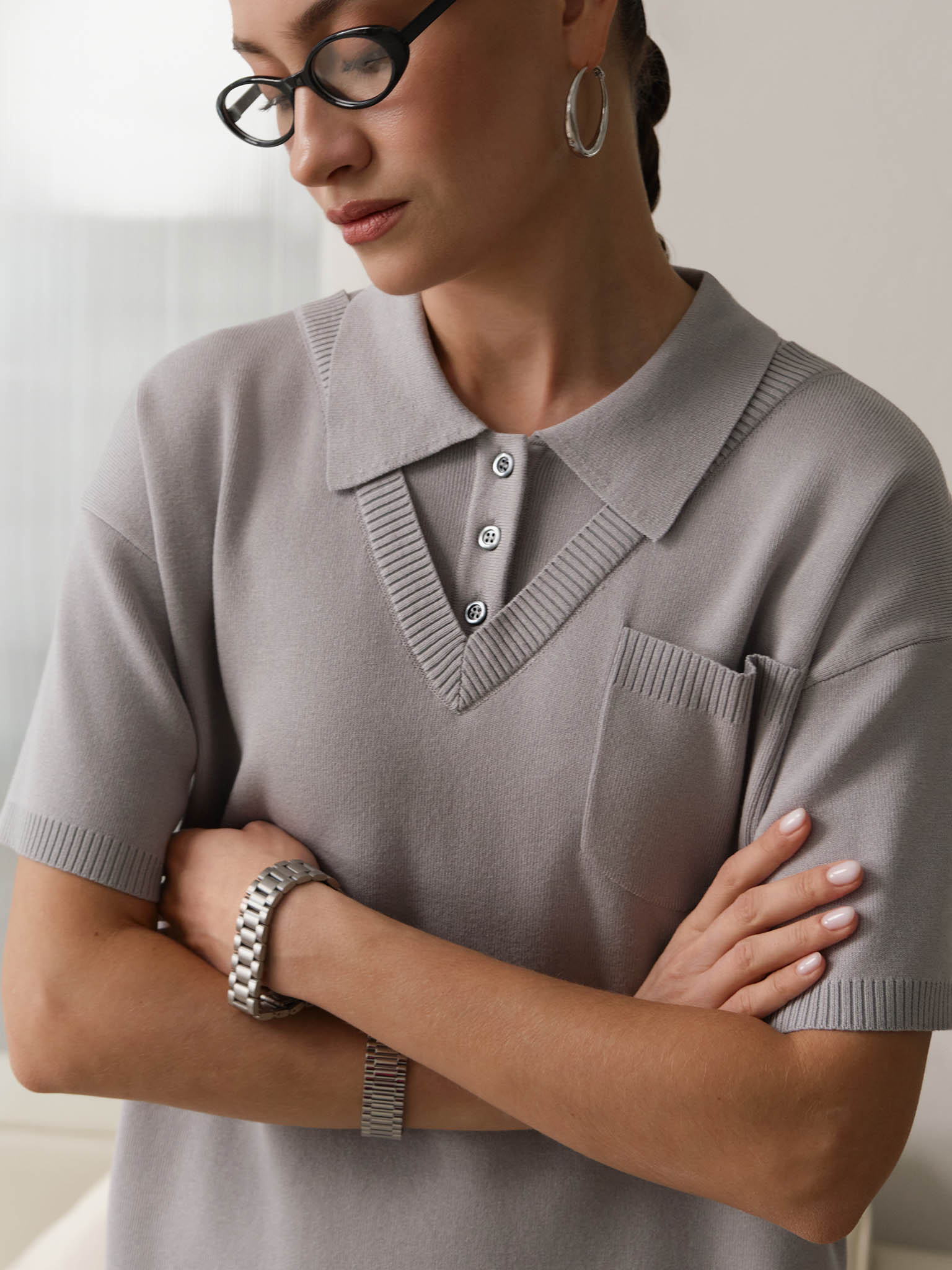 Mini knitted dress with polo collar