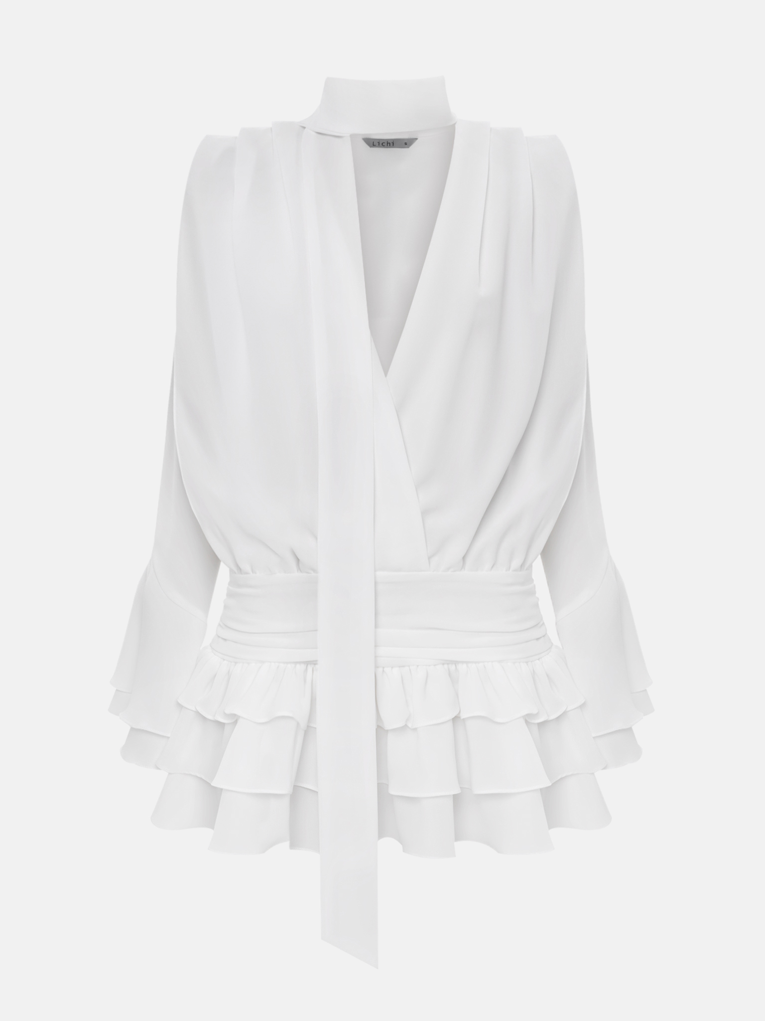 Voluminous mini dress with ruffles on the skirt and ribbon scarf