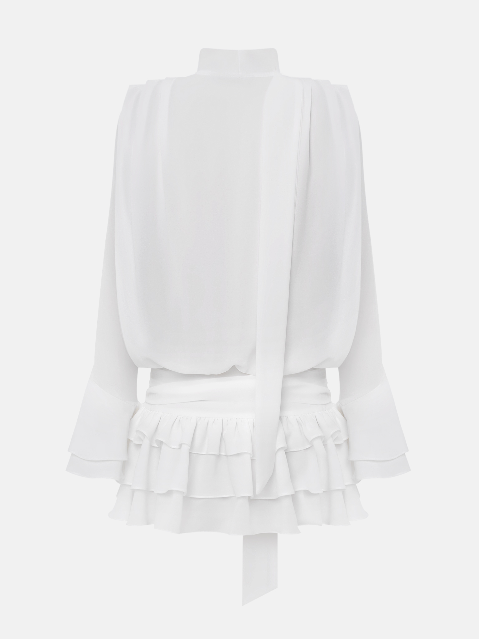 Voluminous mini dress with ruffles on the skirt and ribbon scarf