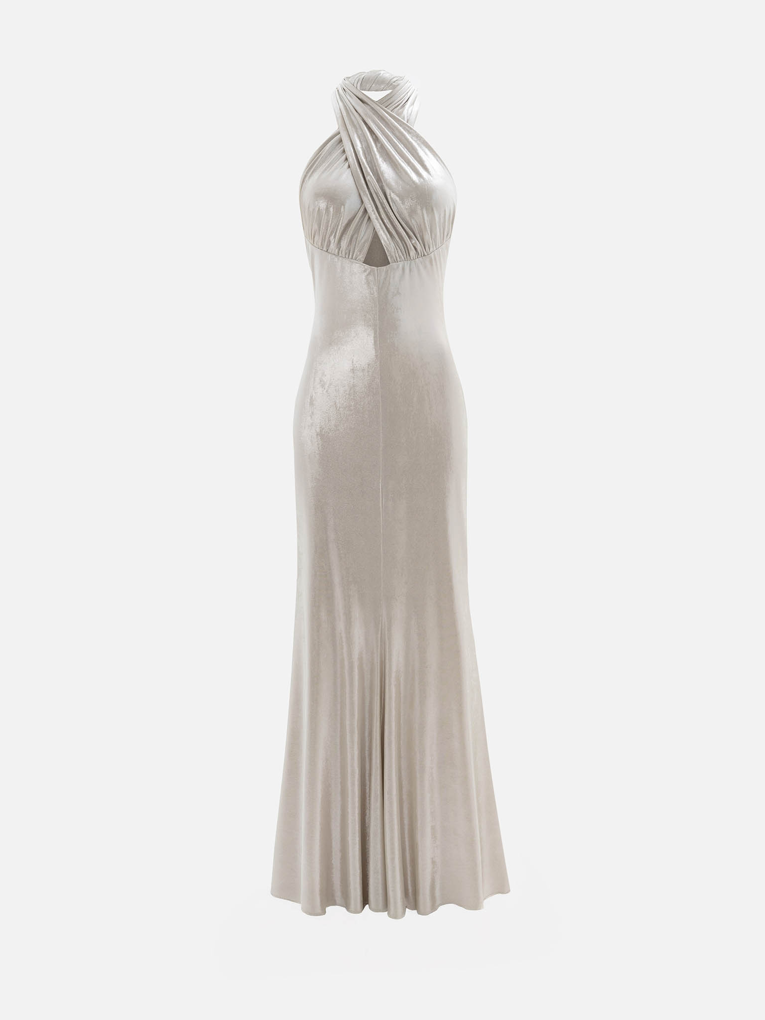 Metallic jersey maxi dress with ribbon straps