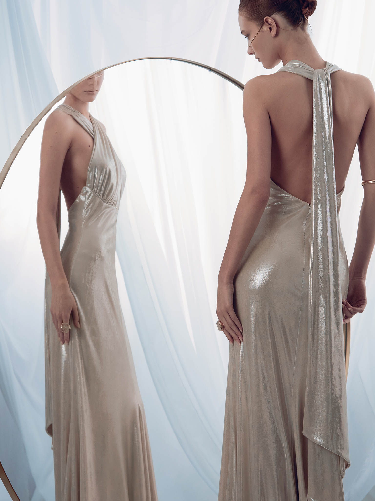 Metallic jersey maxi dress with ribbon straps