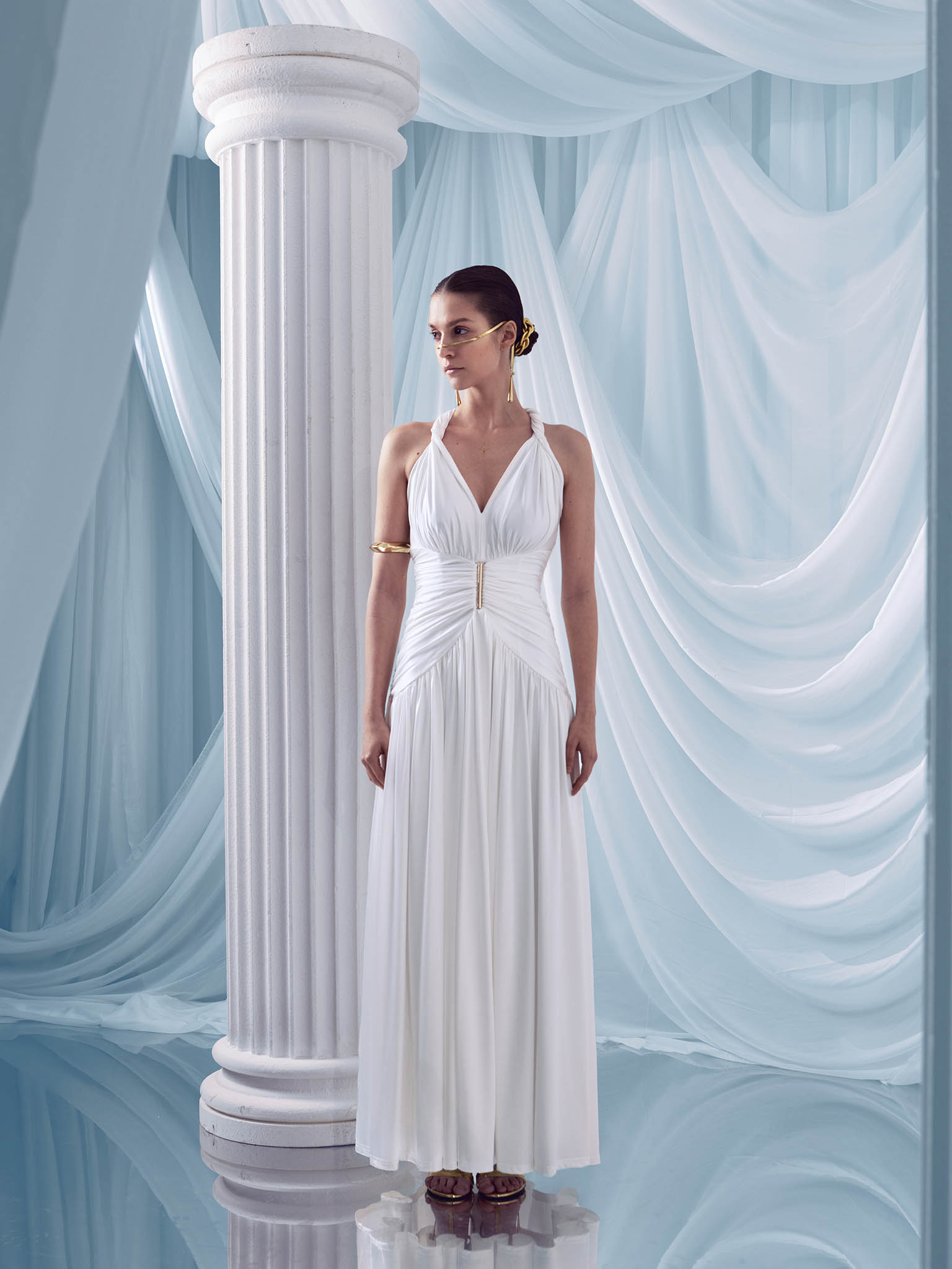 Draped maxi dress with golden waist decor