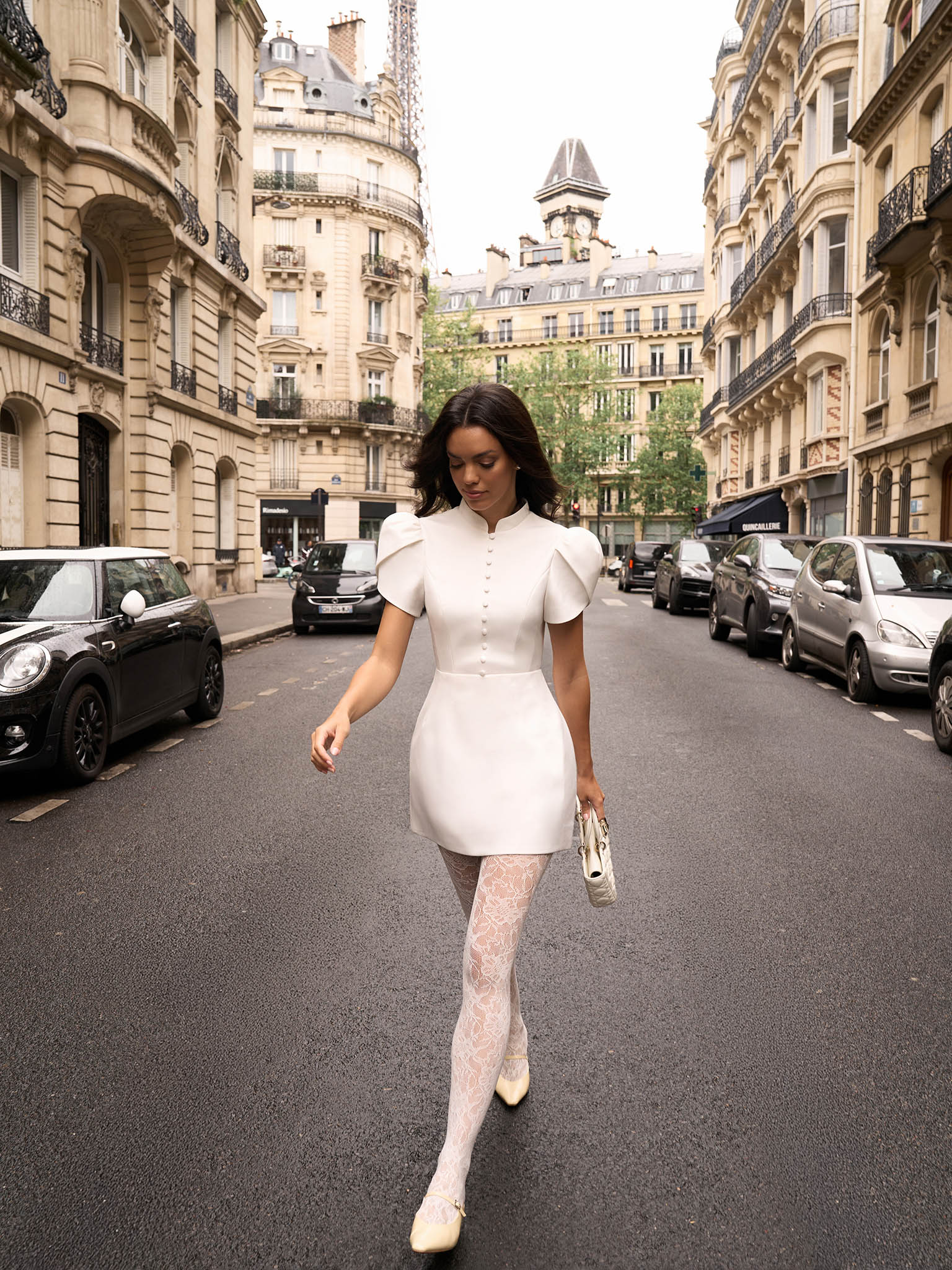 Mini dress with high collar and button fastening