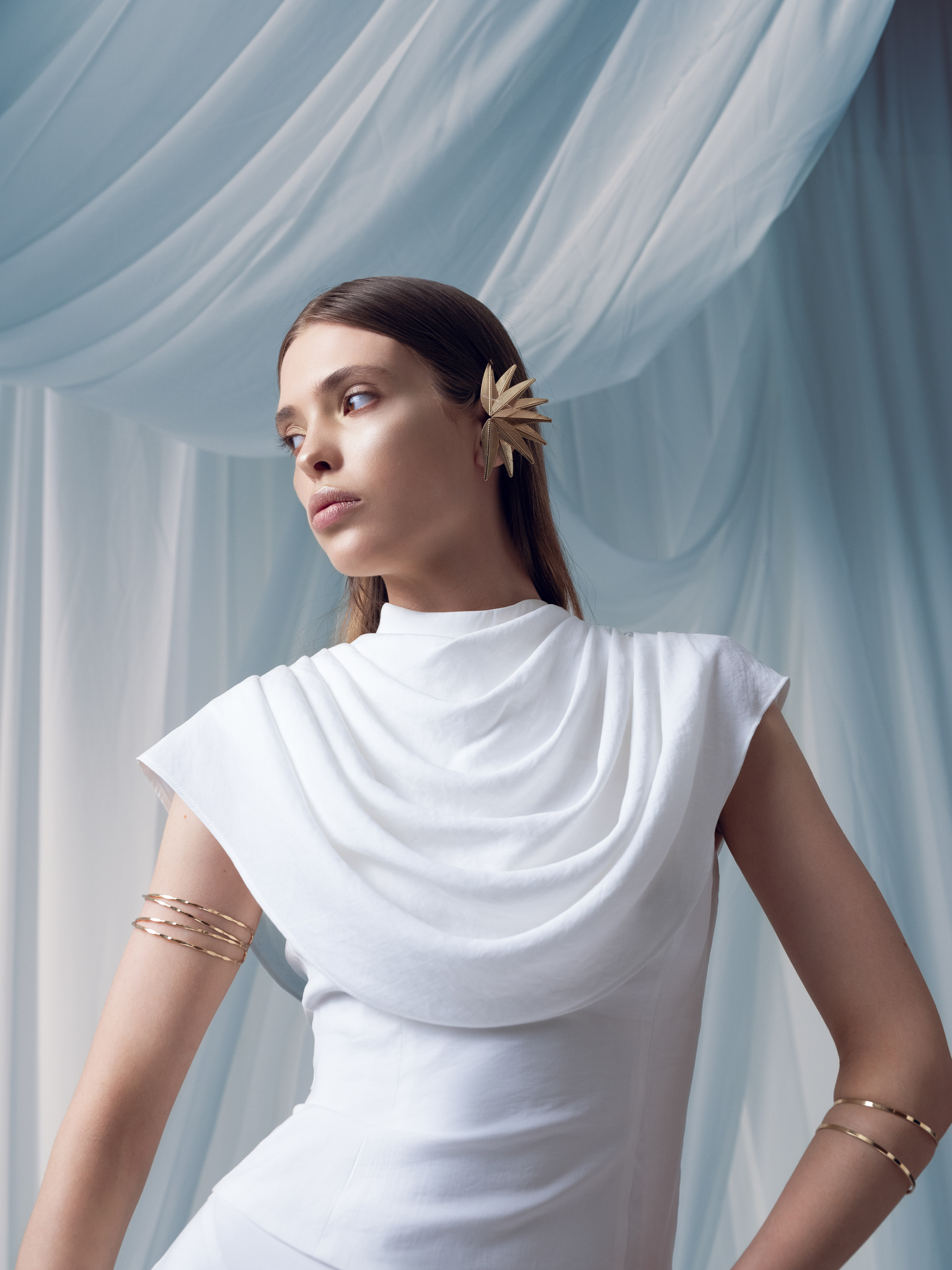 Flared top with draped chest