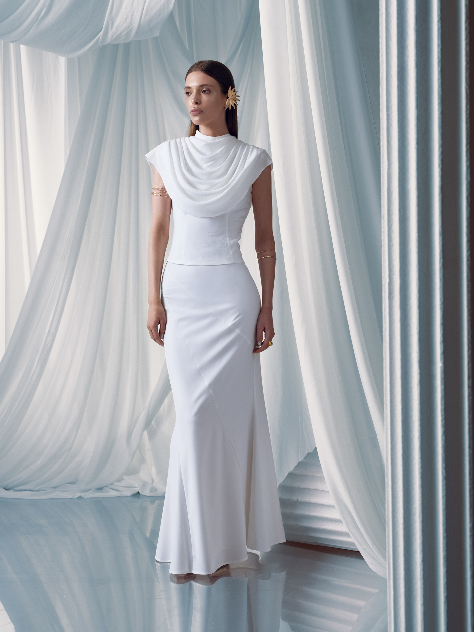 Flared top with draped chest