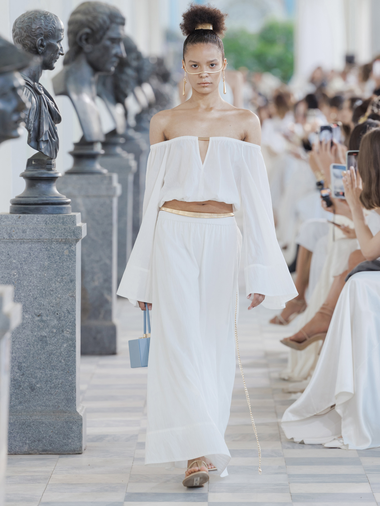 Open-shoulder blouse in textured fabric