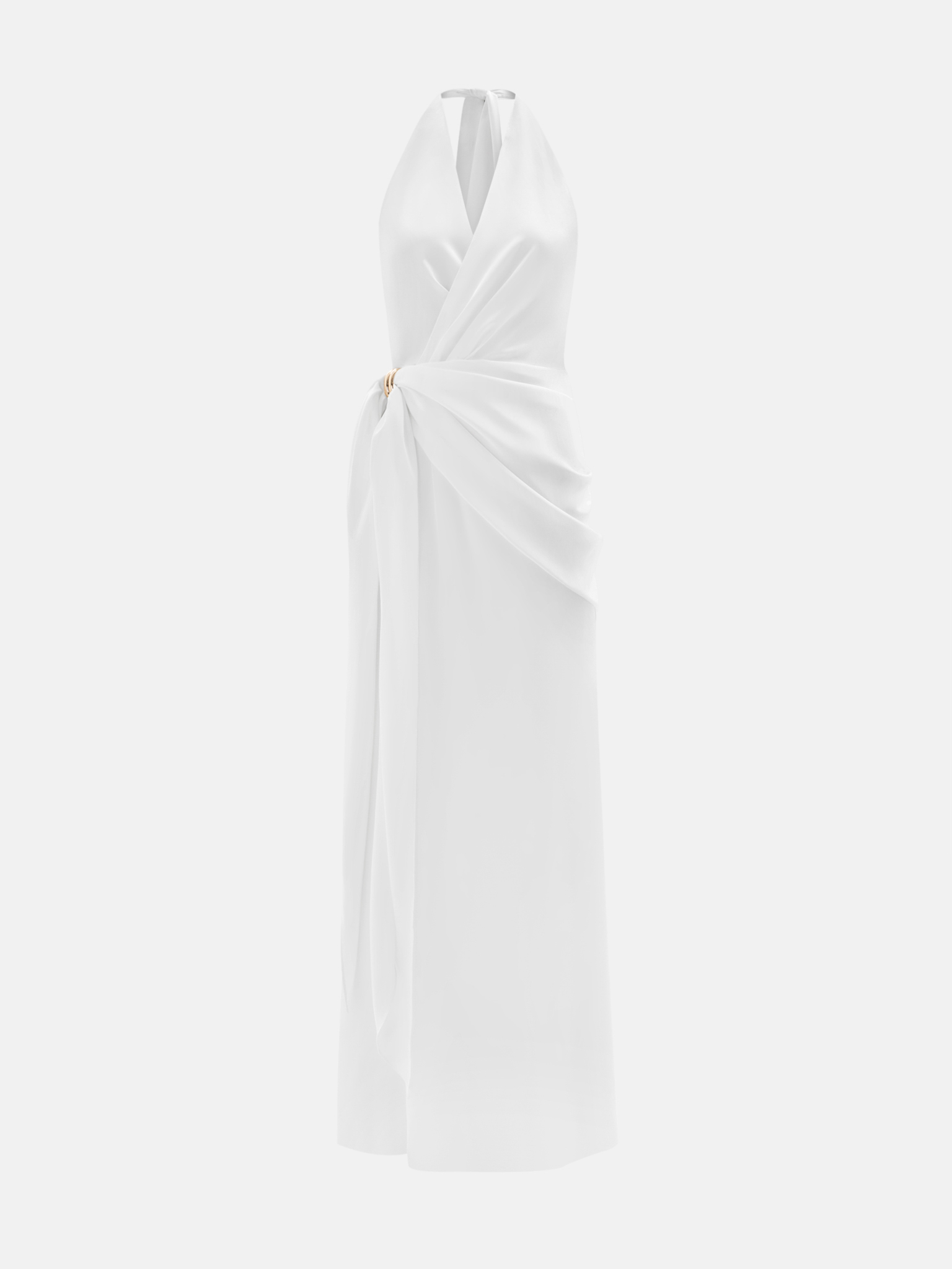 Satin maxi dress with collar ribbons and drapery