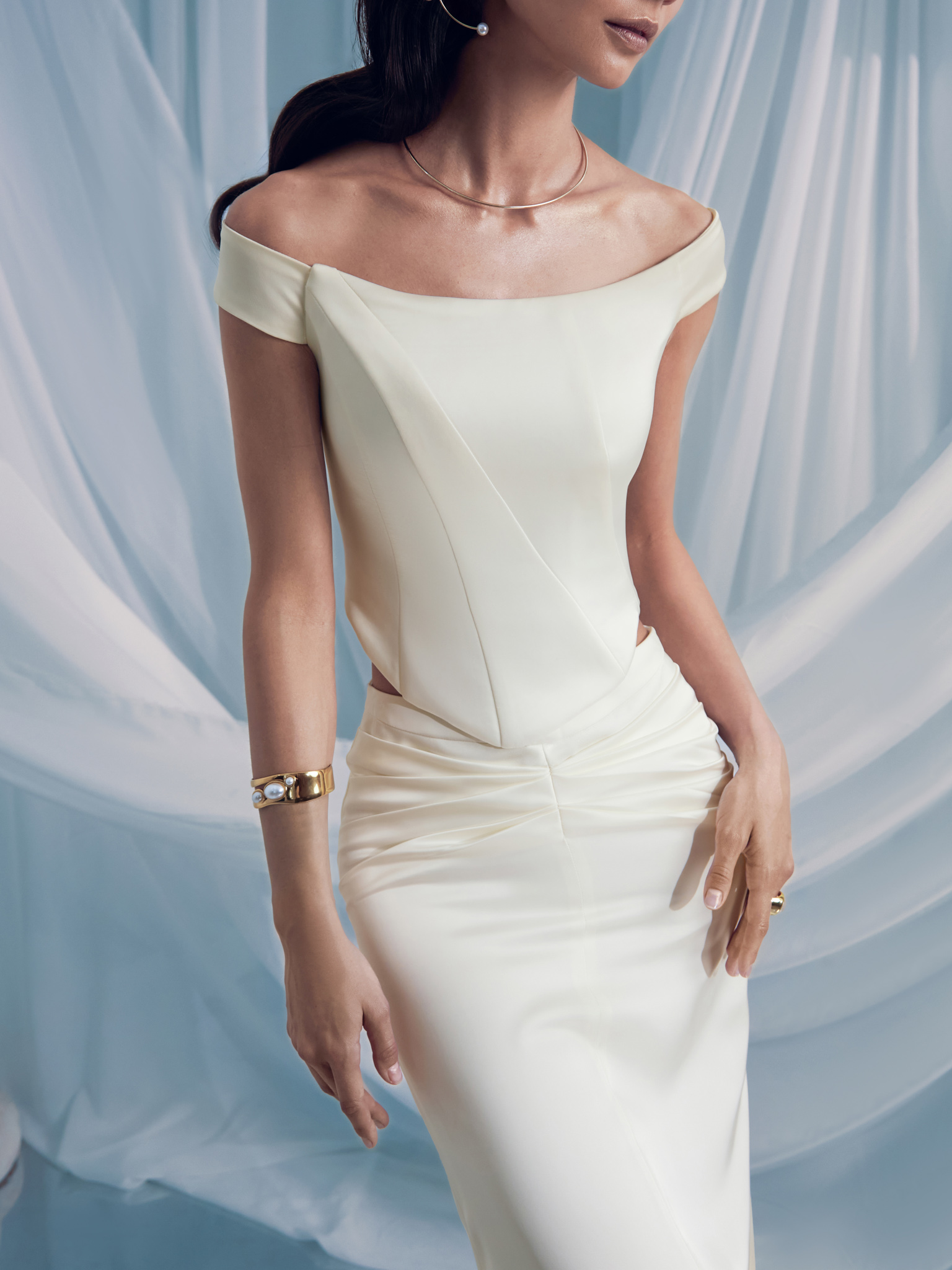 Satin corset top with asymmetrical boning