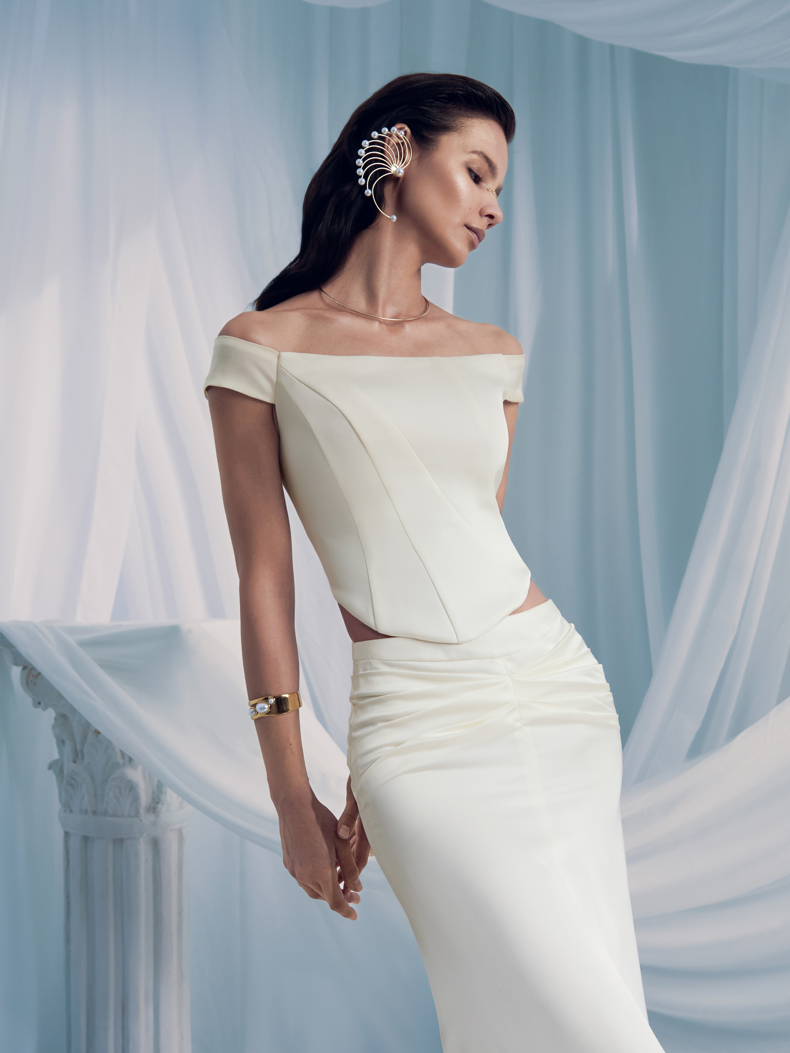 Satin corset top with asymmetrical boning