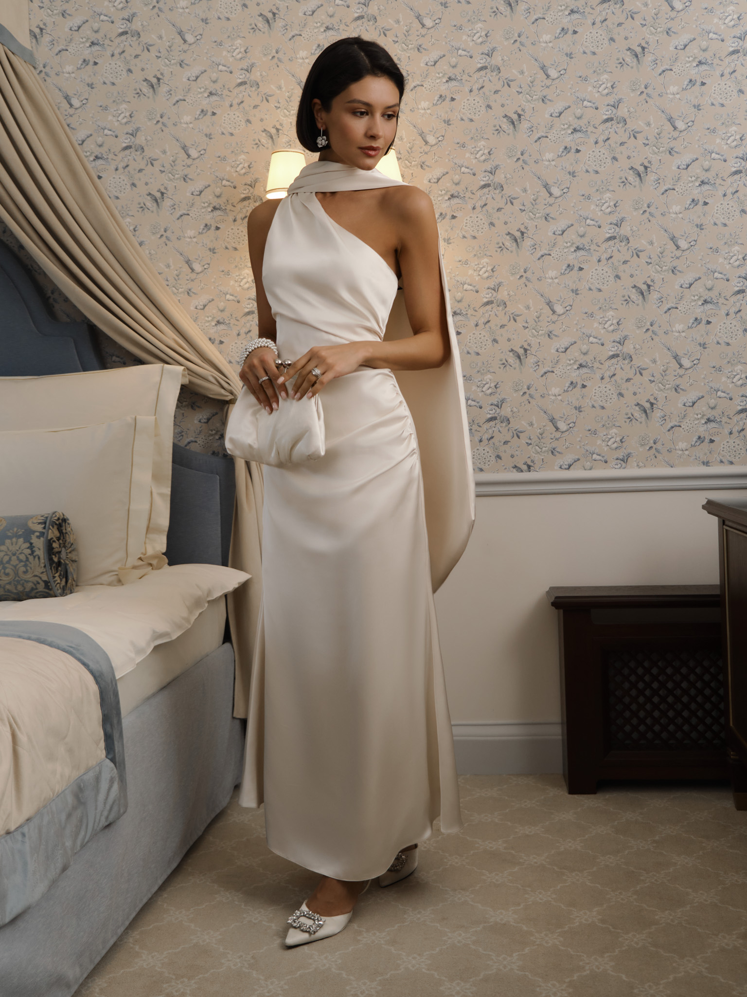 Satin one shoulder maxi dress with long scarf