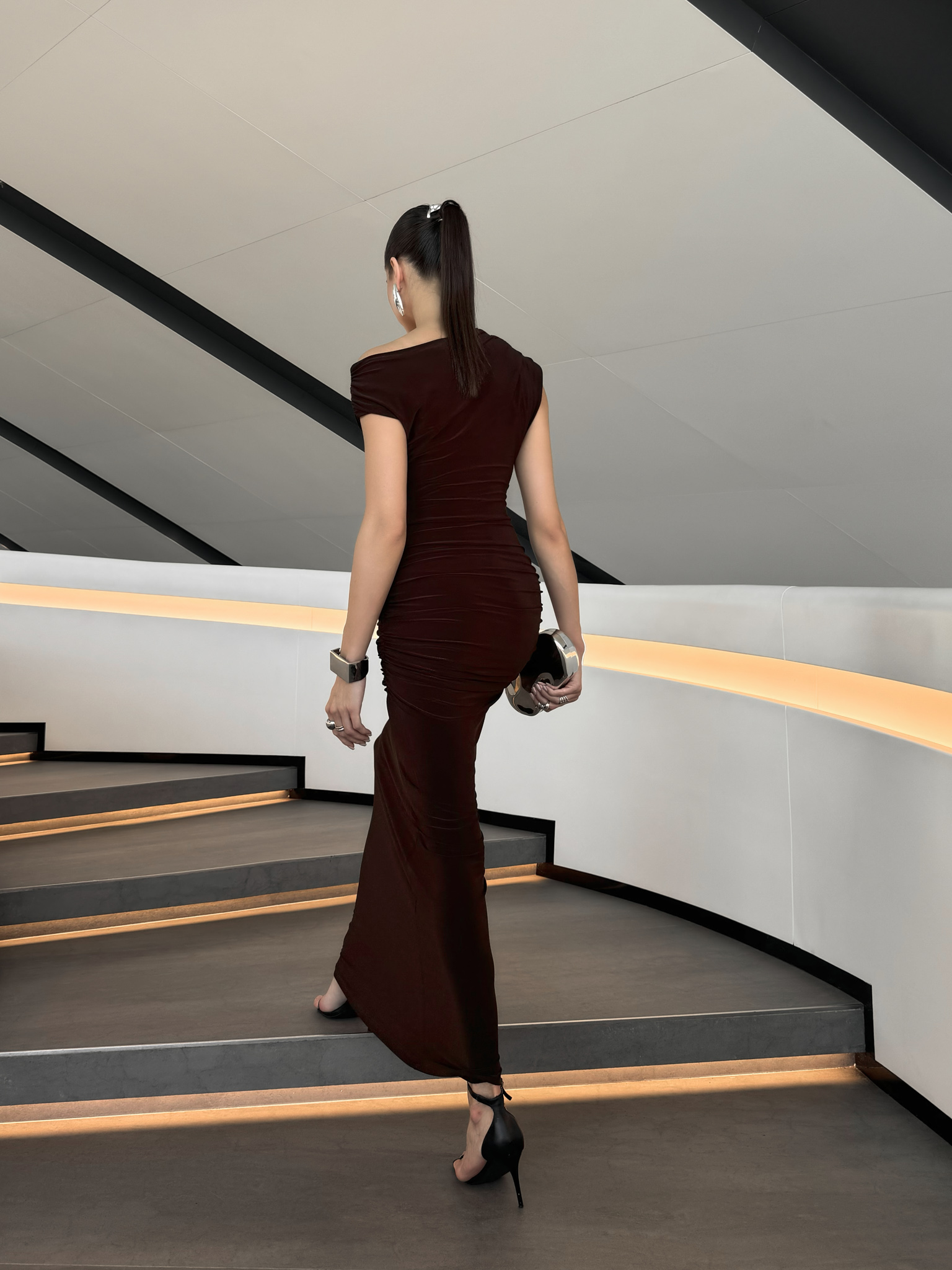 One shoulder maxi dress with gathers on the hips