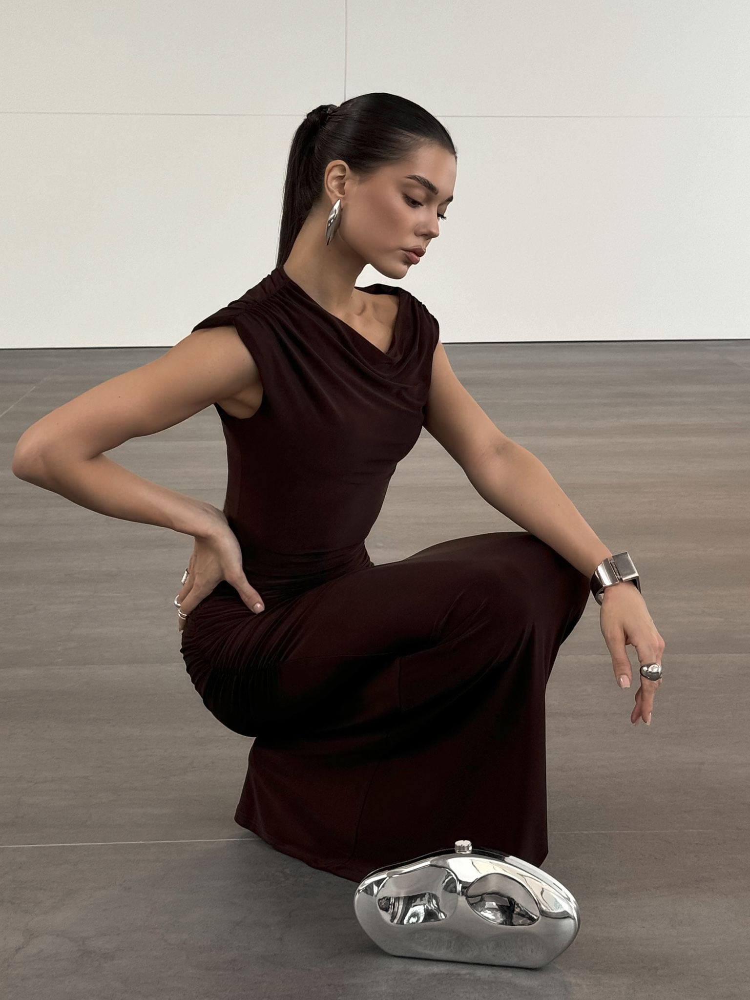 One shoulder maxi dress with gathers on the hips