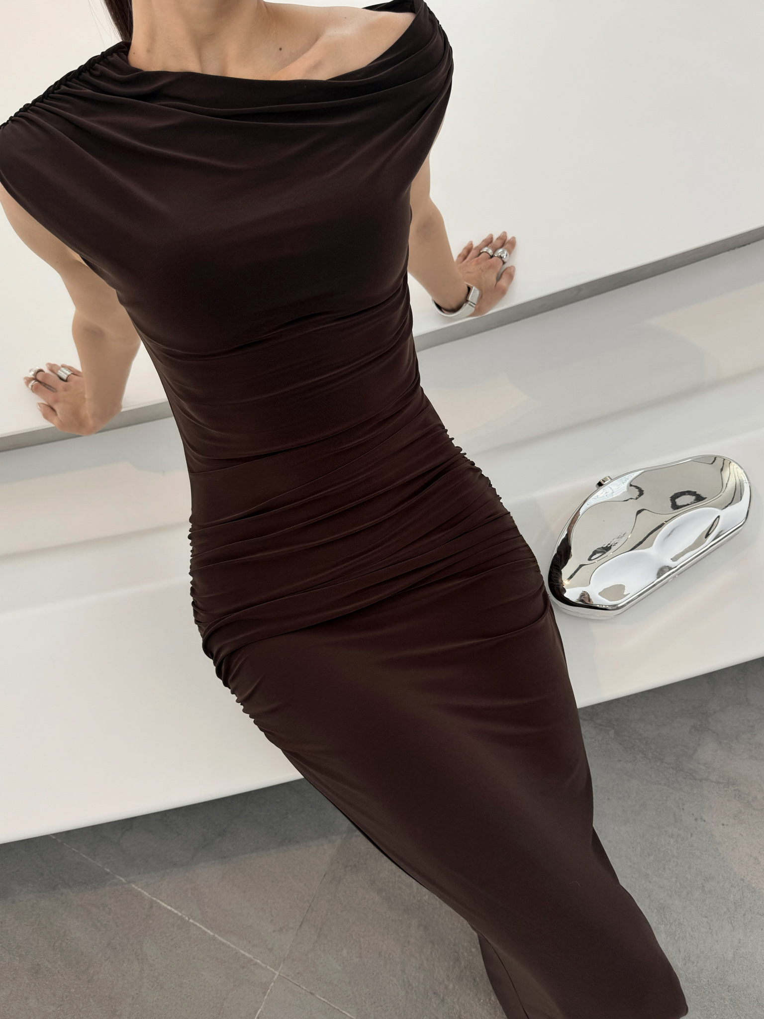 One shoulder maxi dress with gathers on the hips