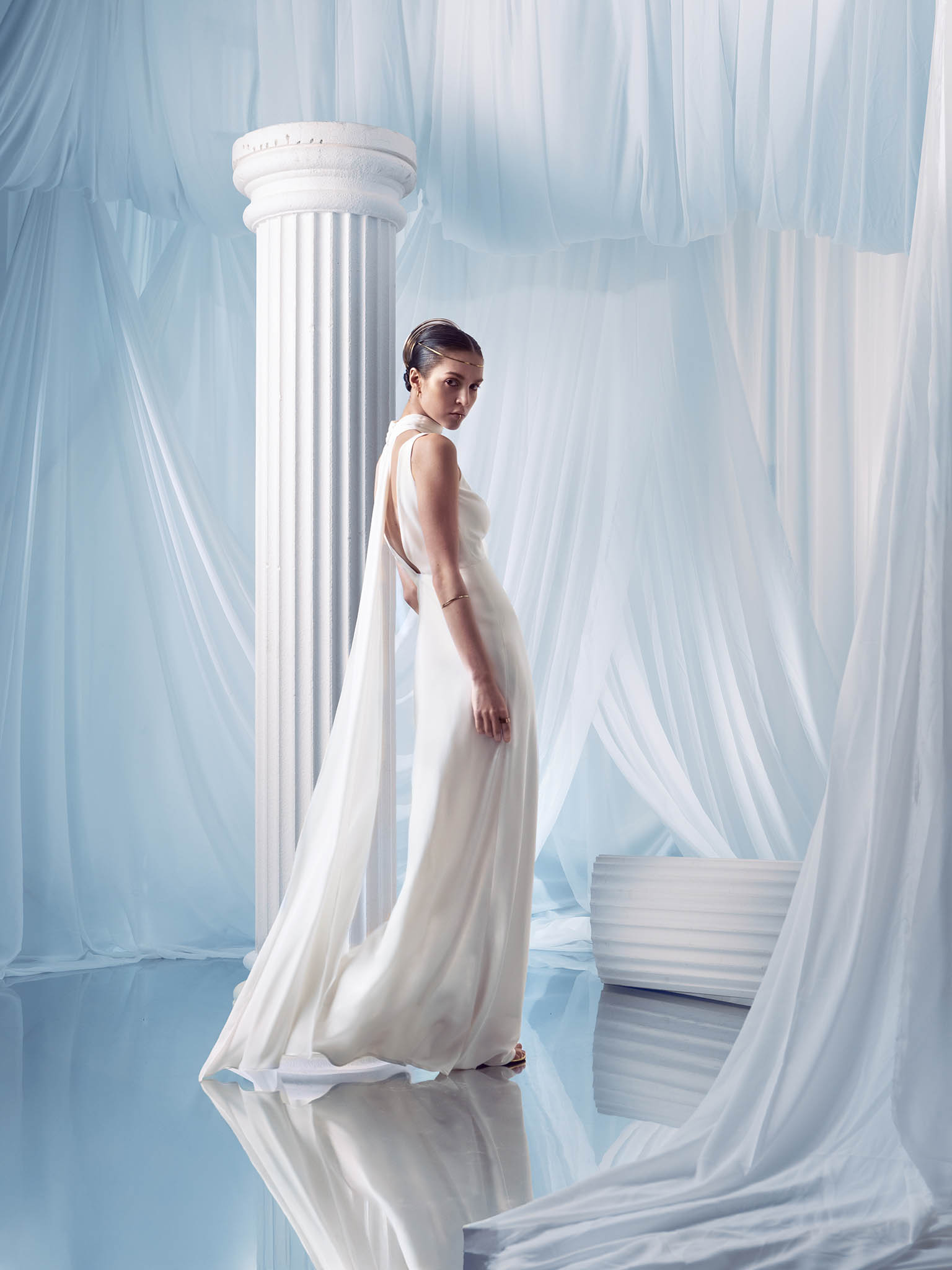 Fitted maxi dress with decorative scarf