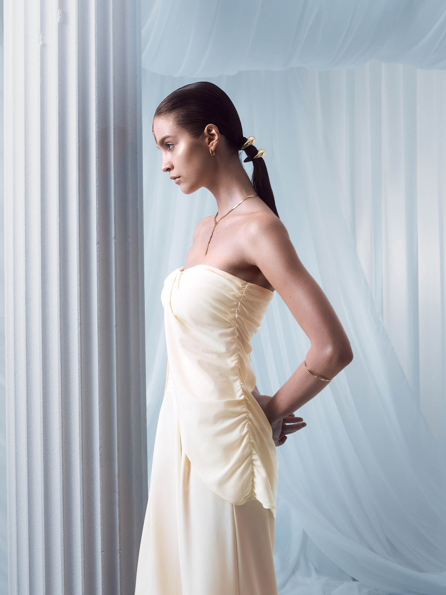 Draped top with open shoulders