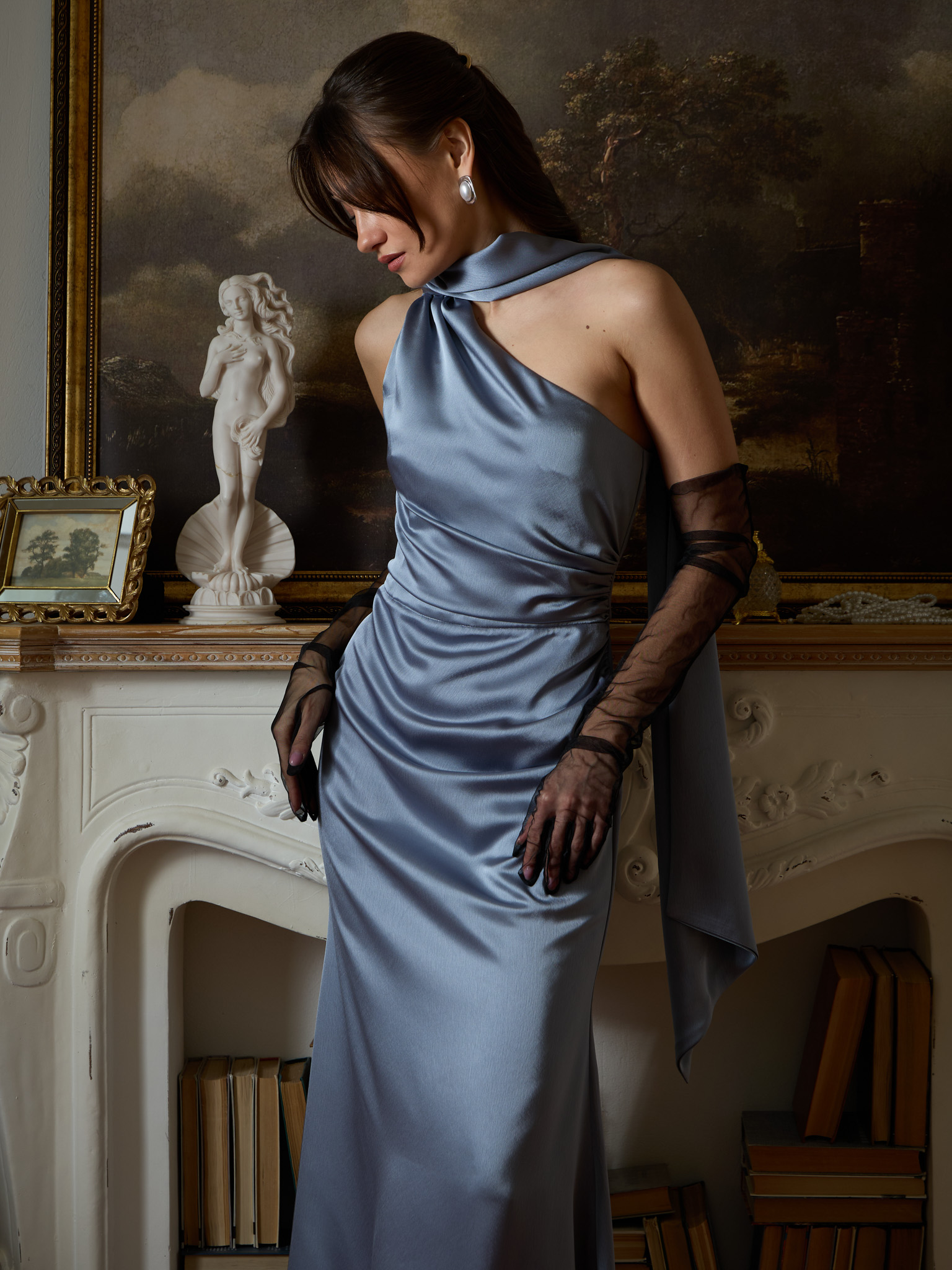 Satin one shoulder maxi dress with long scarf