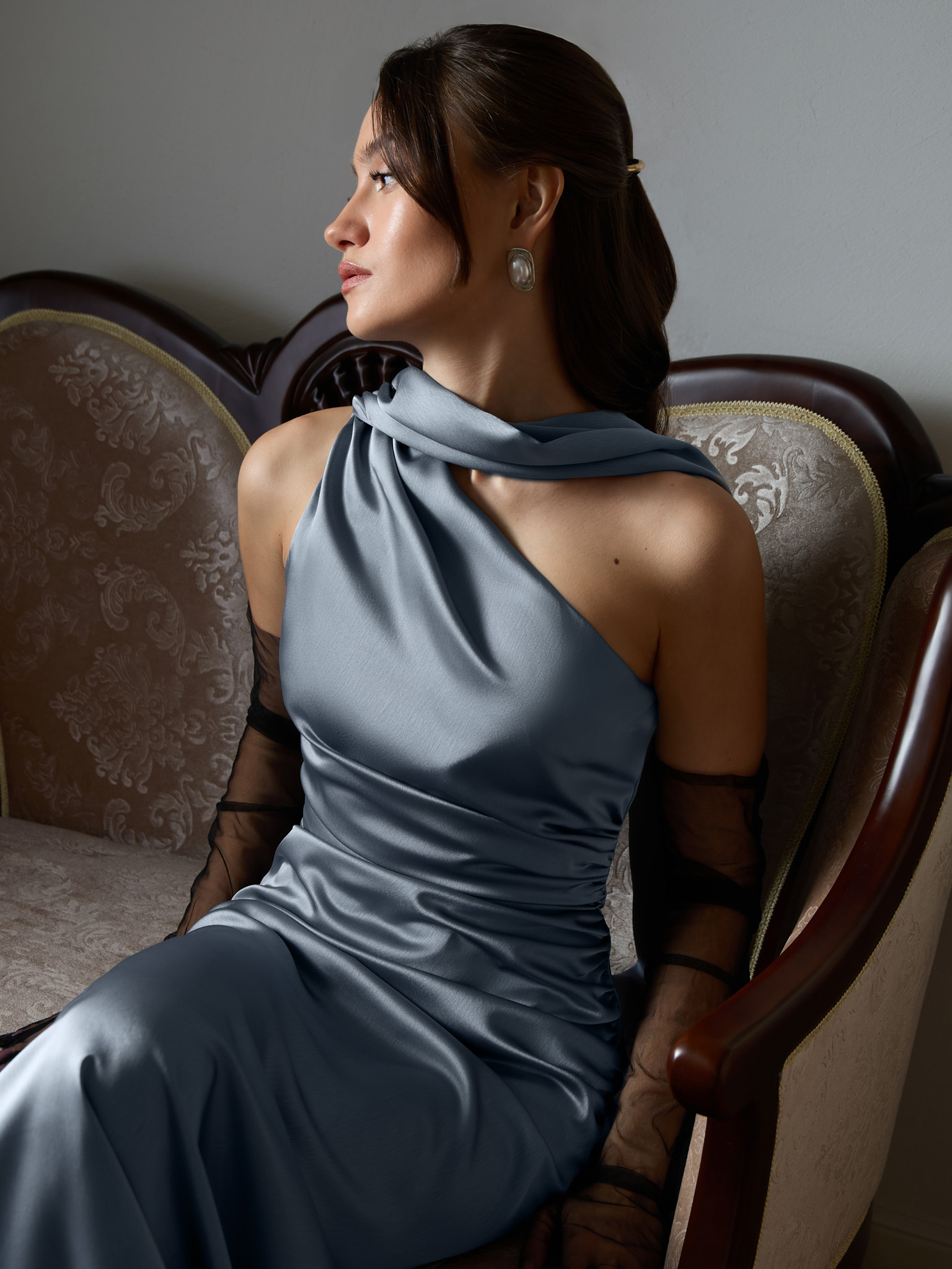 Satin one shoulder maxi dress with long scarf