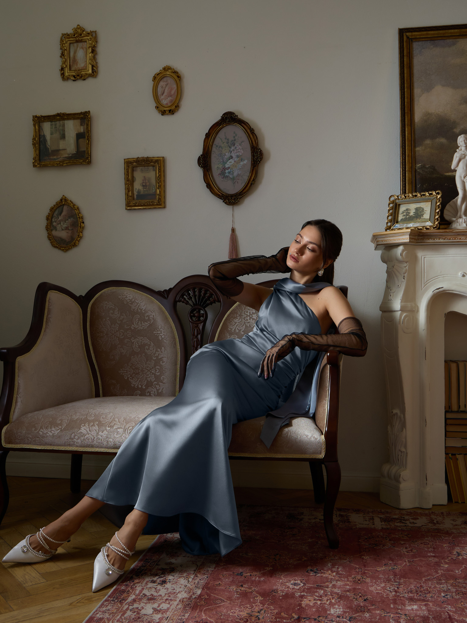 Satin one shoulder maxi dress with long scarf