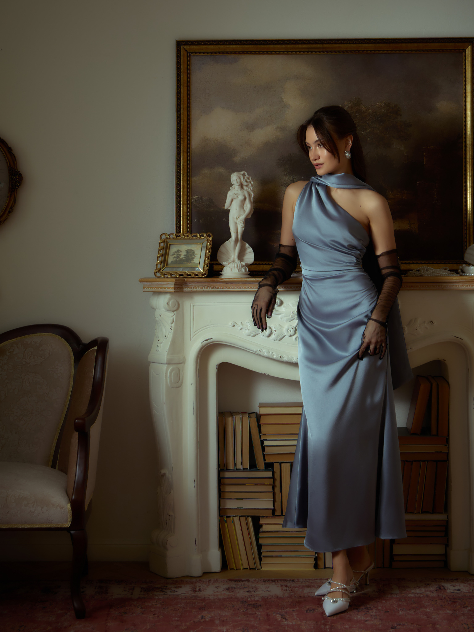 Satin one shoulder maxi dress with long scarf