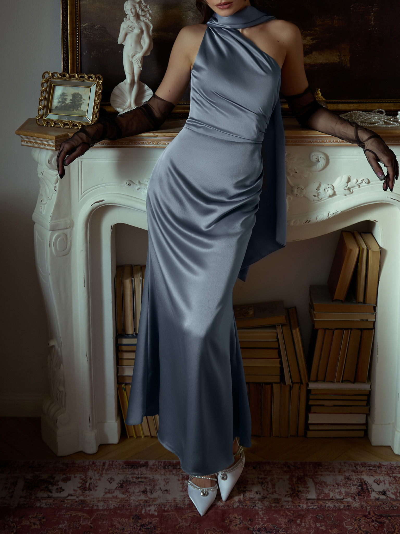 Satin one shoulder maxi dress with long scarf