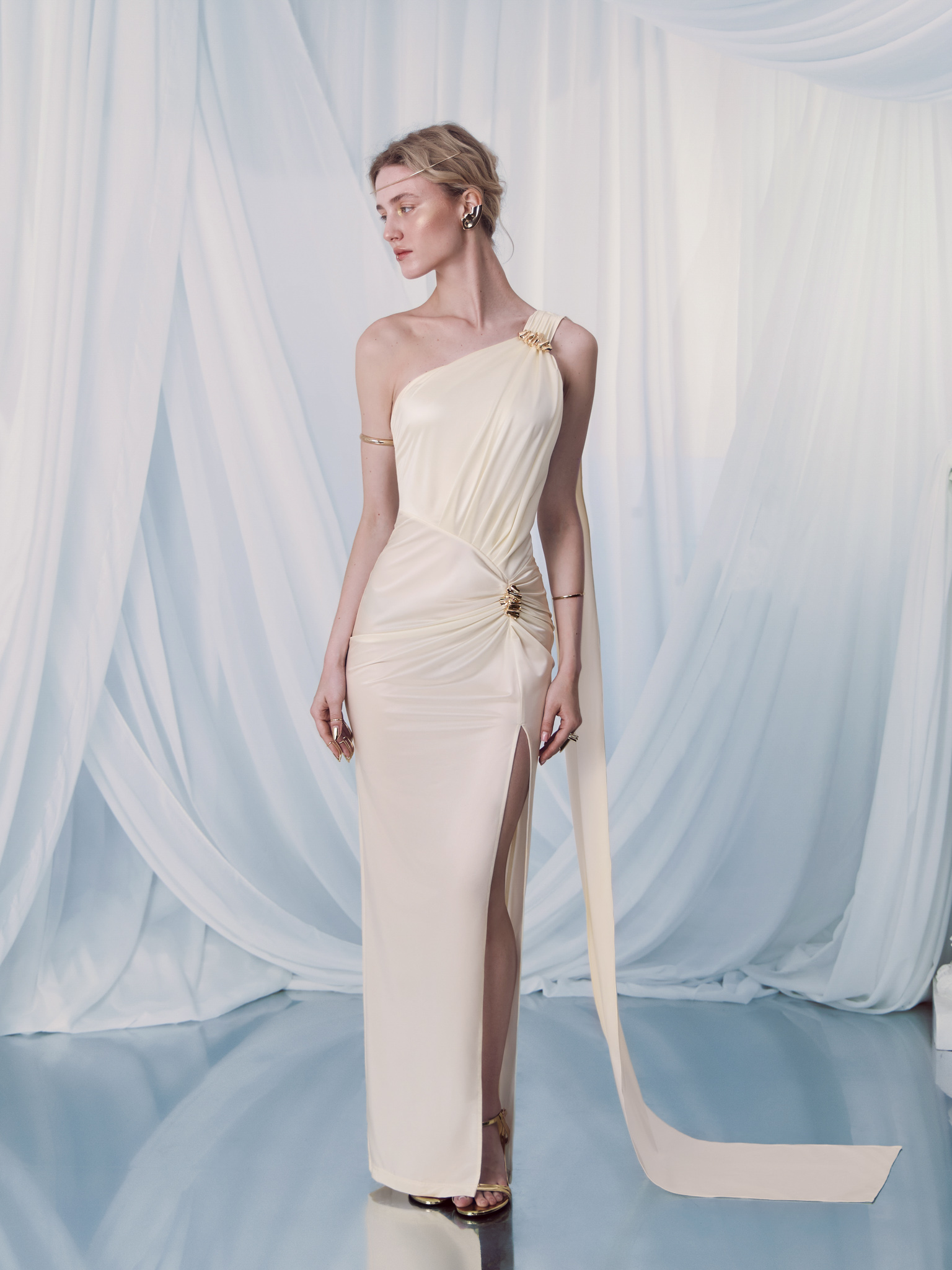 Maxi dress with draped shoulder and hips