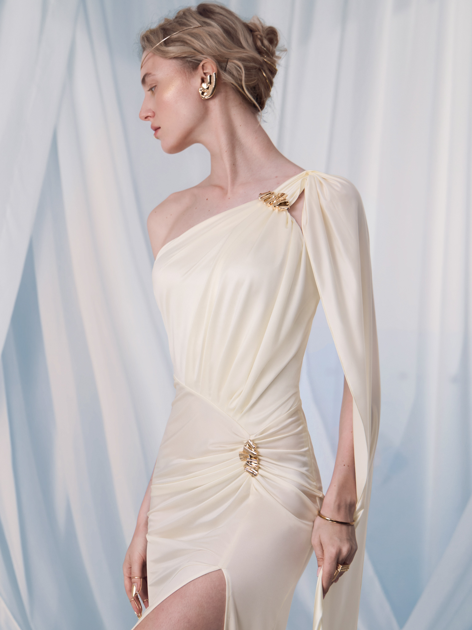 Maxi dress with draped shoulder and hips