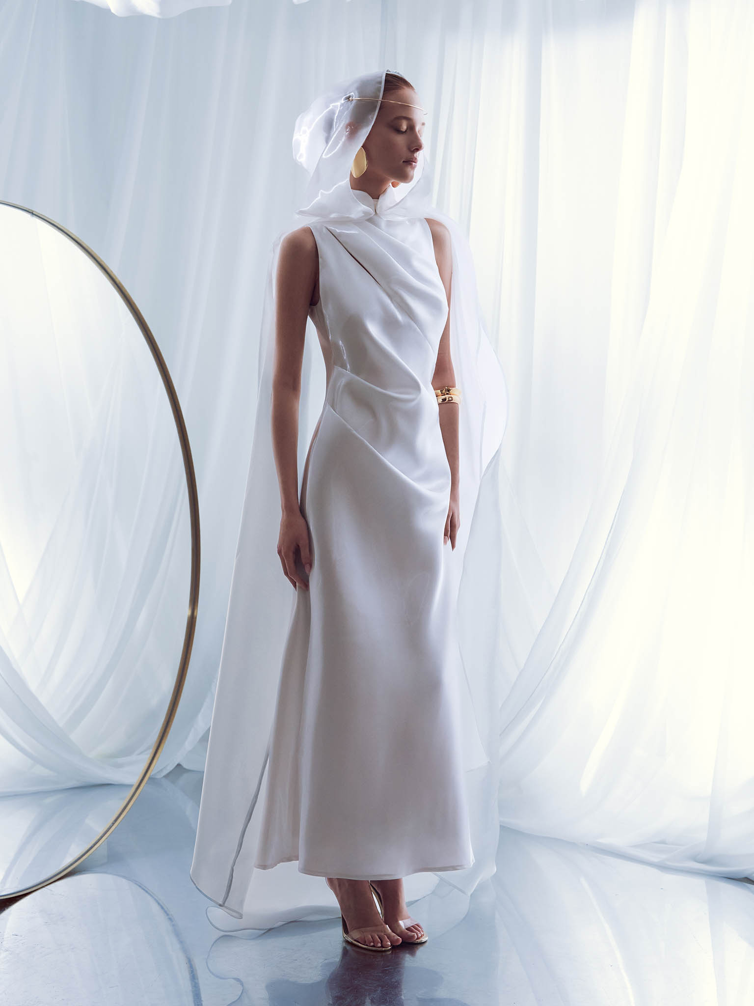 Glossy fabric maxi dress with asymmetrical draperies