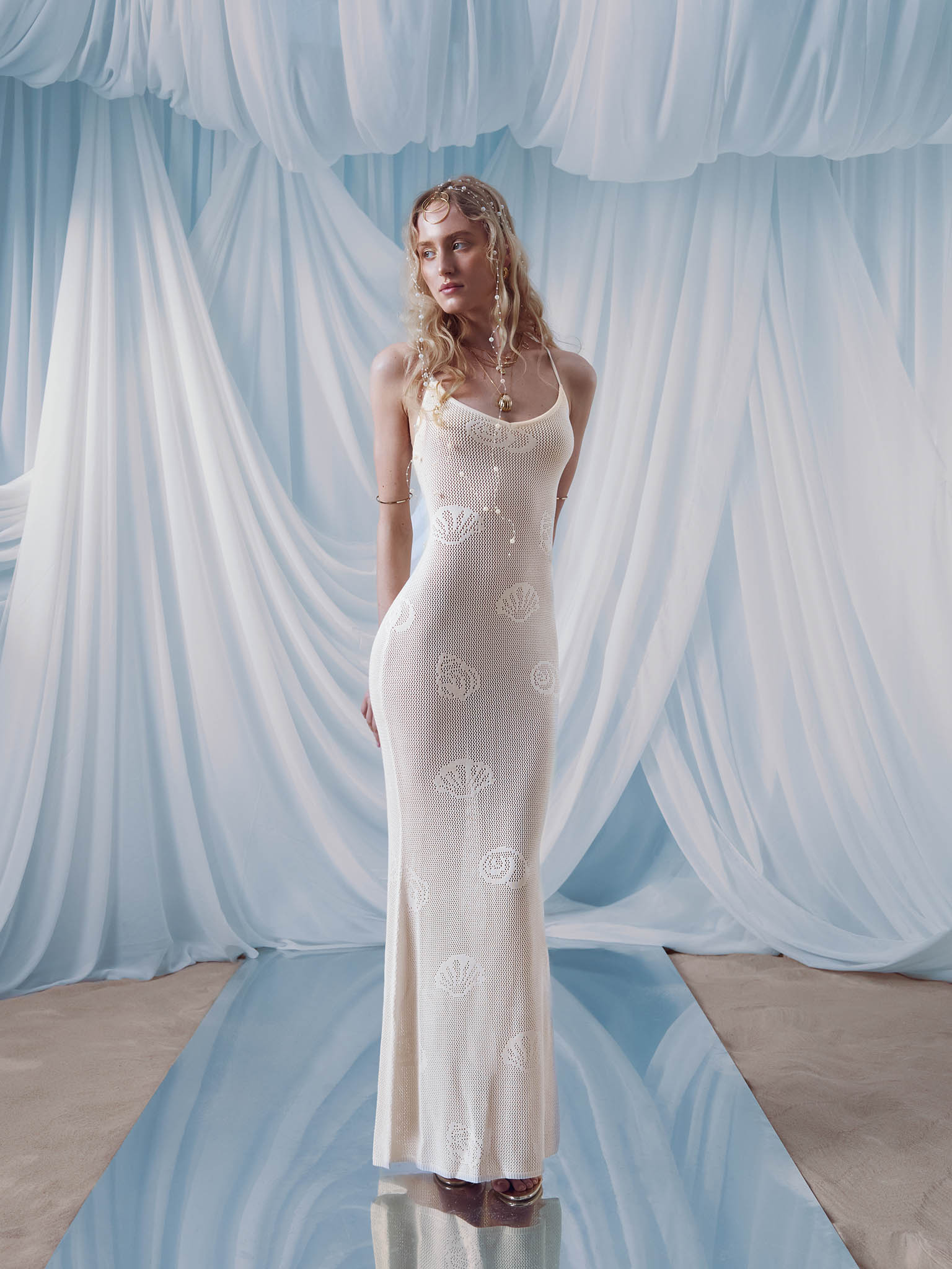 Knitted maxi dress with marine pattern