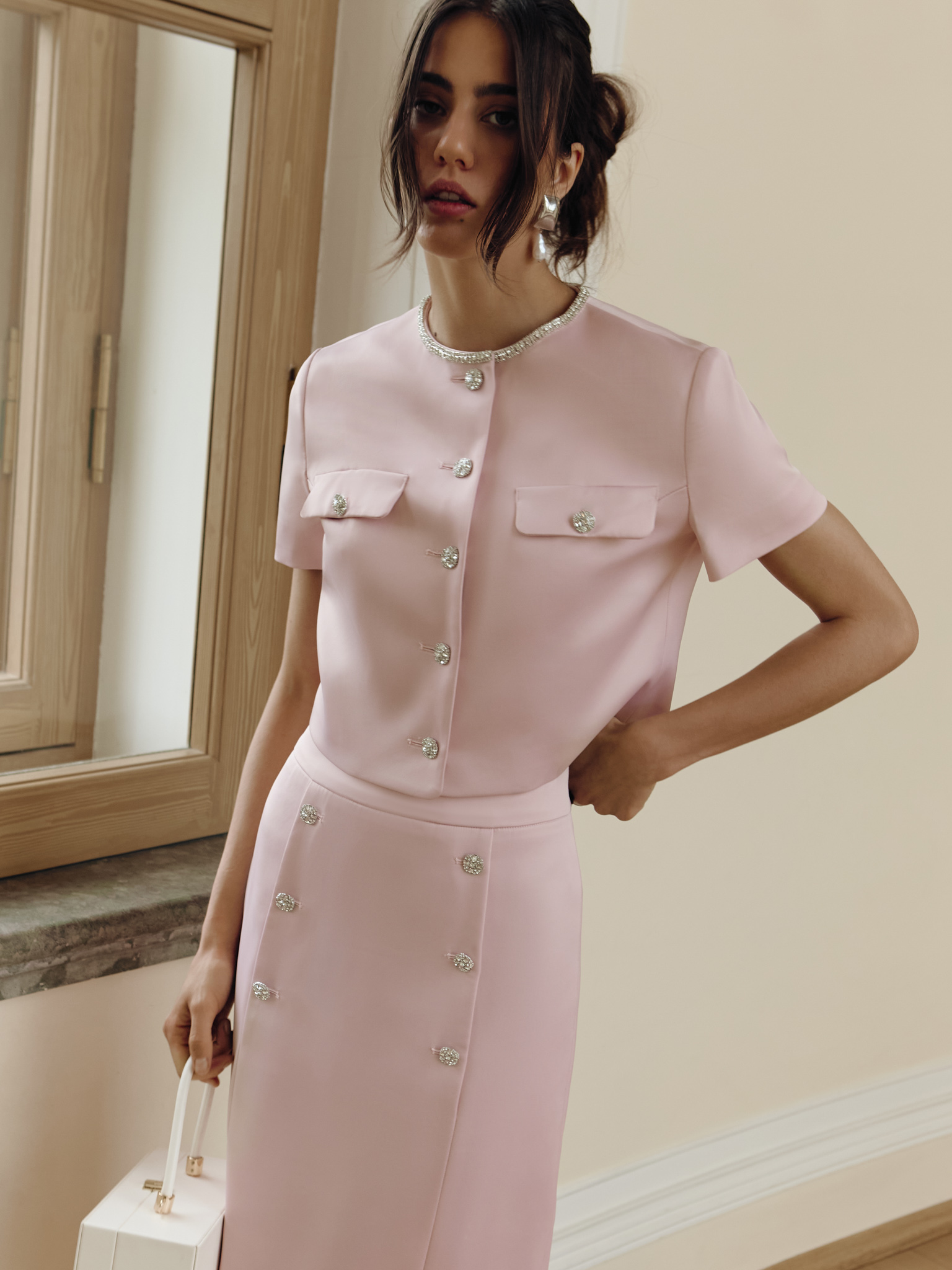 Straight midi skirt with rhinestone buttons