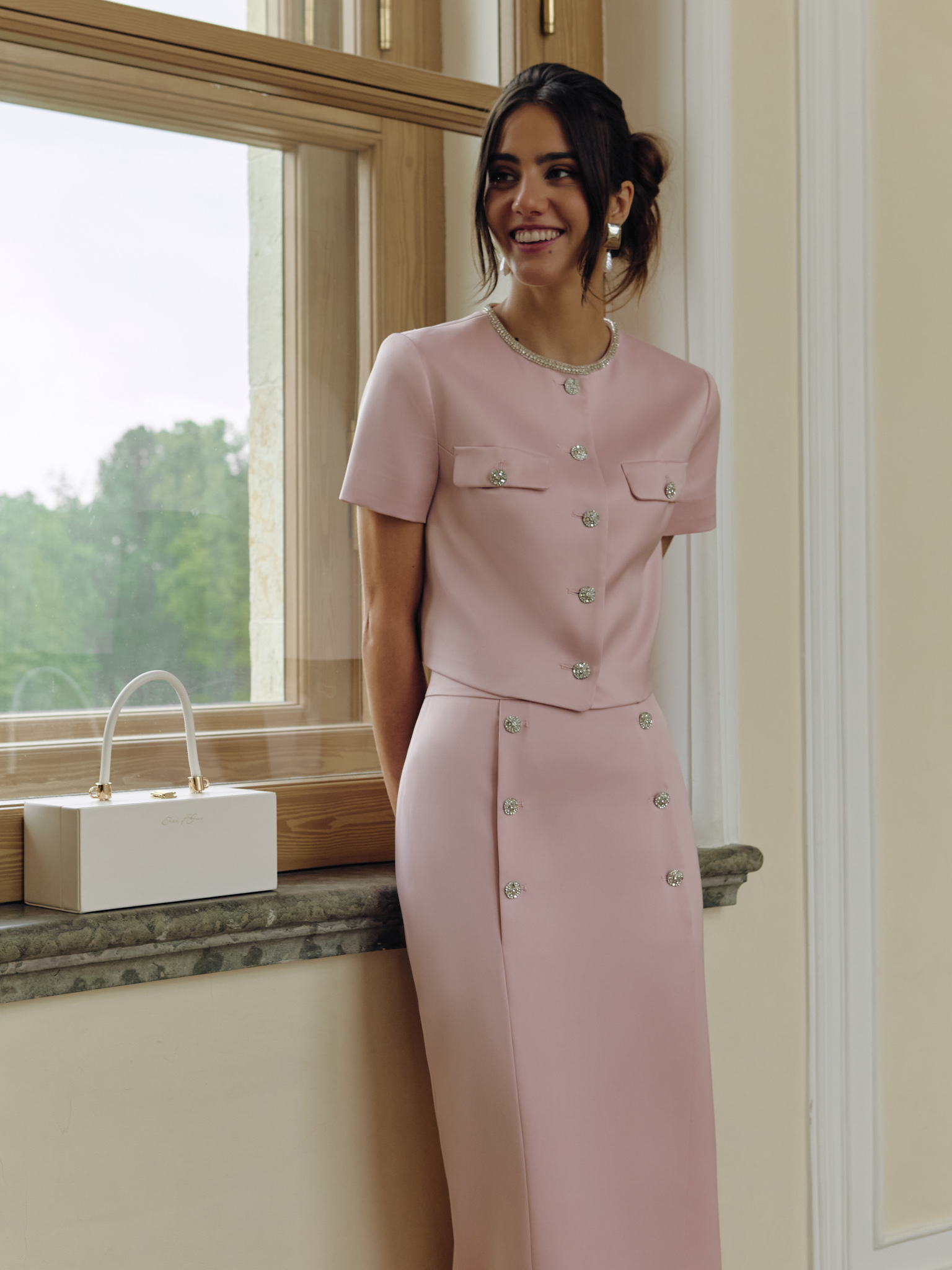 Straight midi skirt with rhinestone buttons