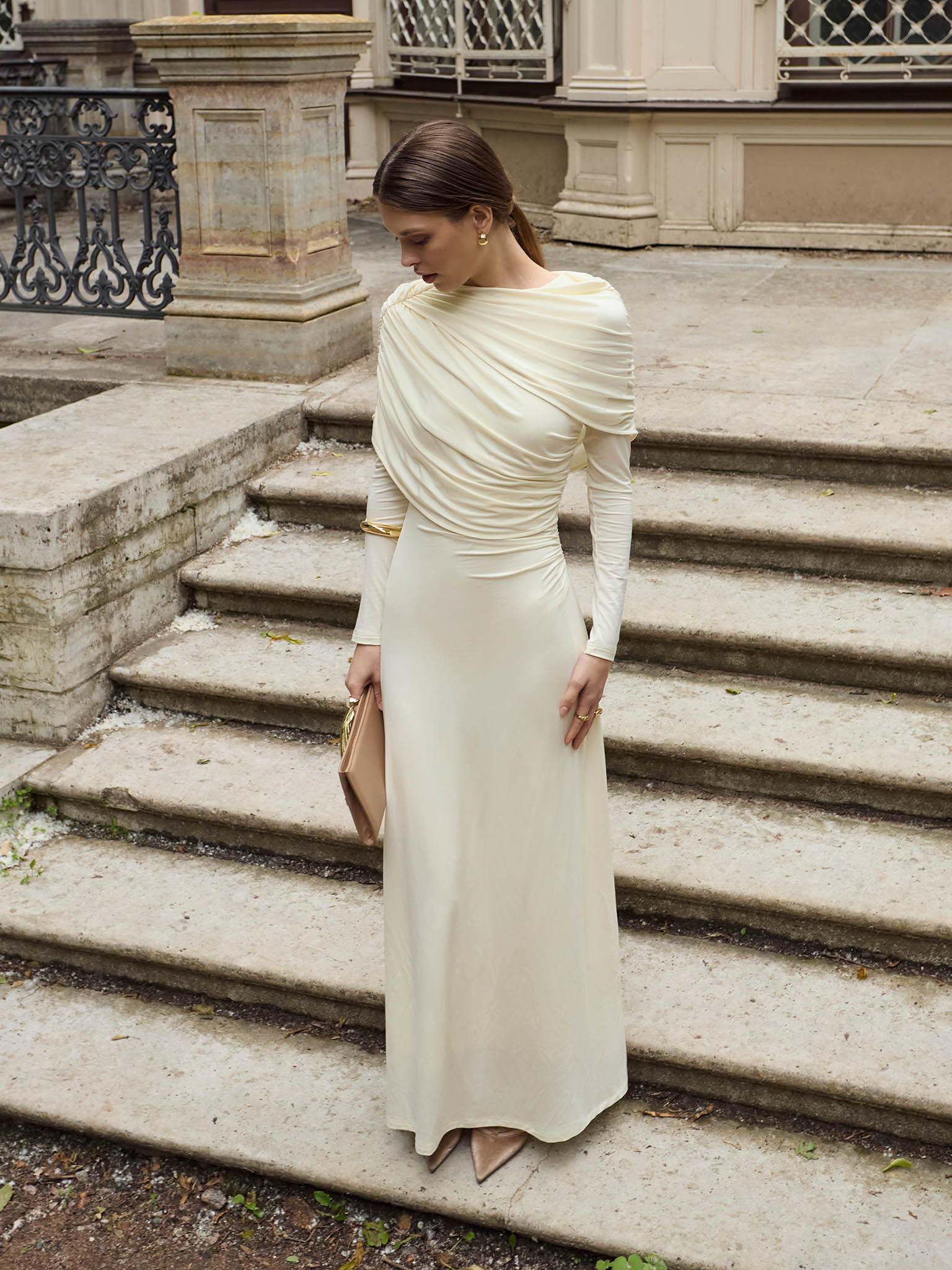 Knitted maxi dress with pleats and draped bodice