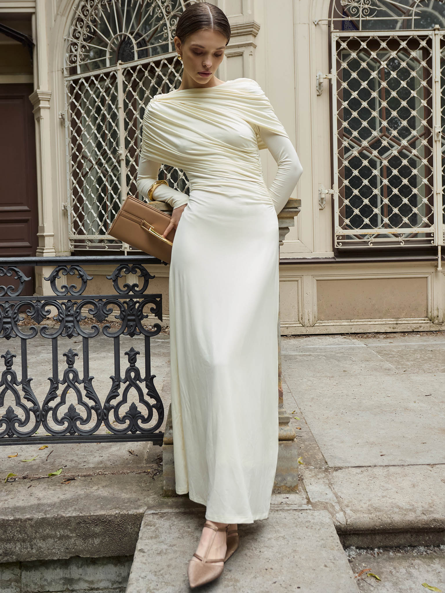 Knitted maxi dress with pleats and draped bodice