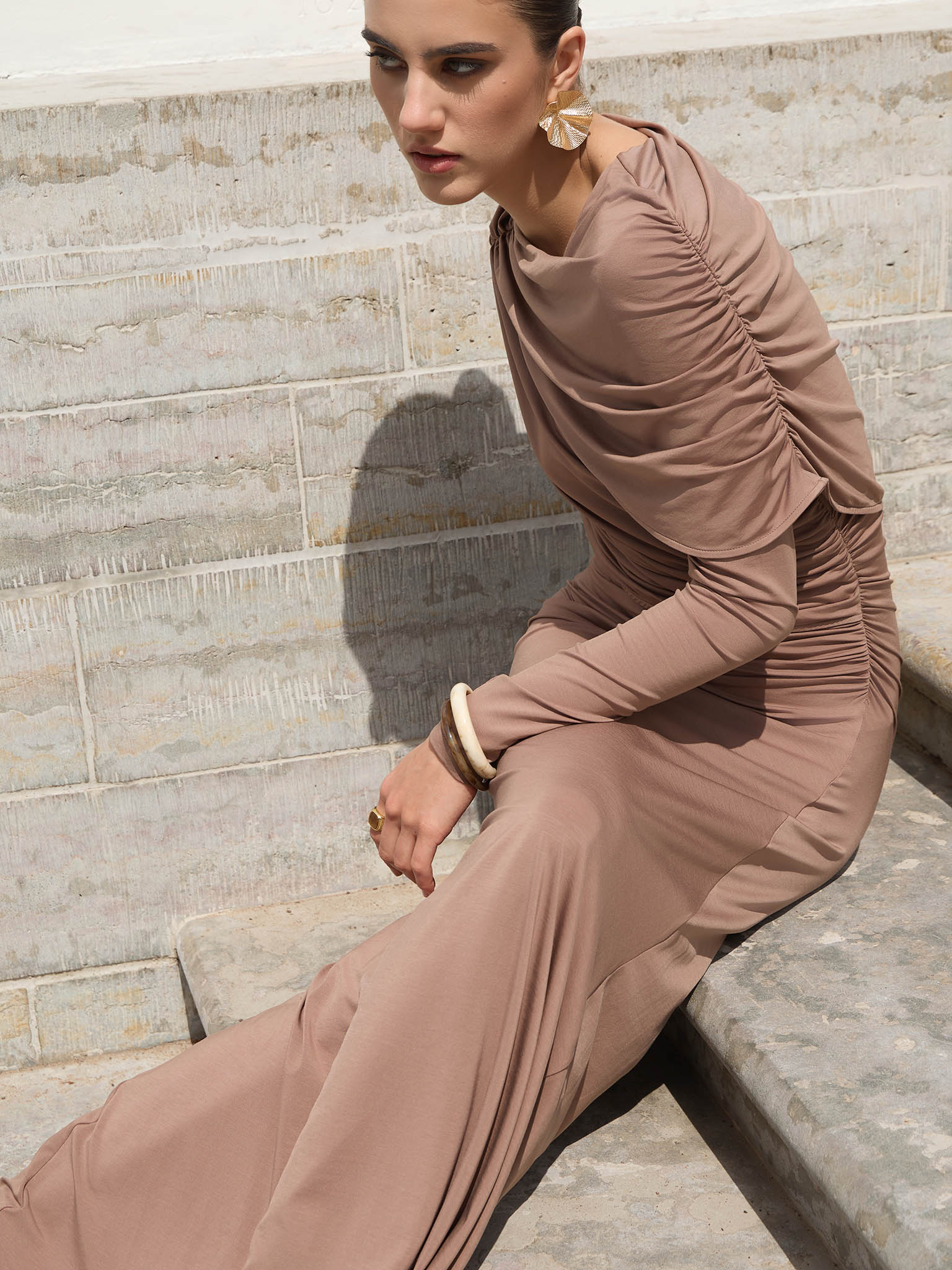 Knitted maxi dress with pleats and draped bodice