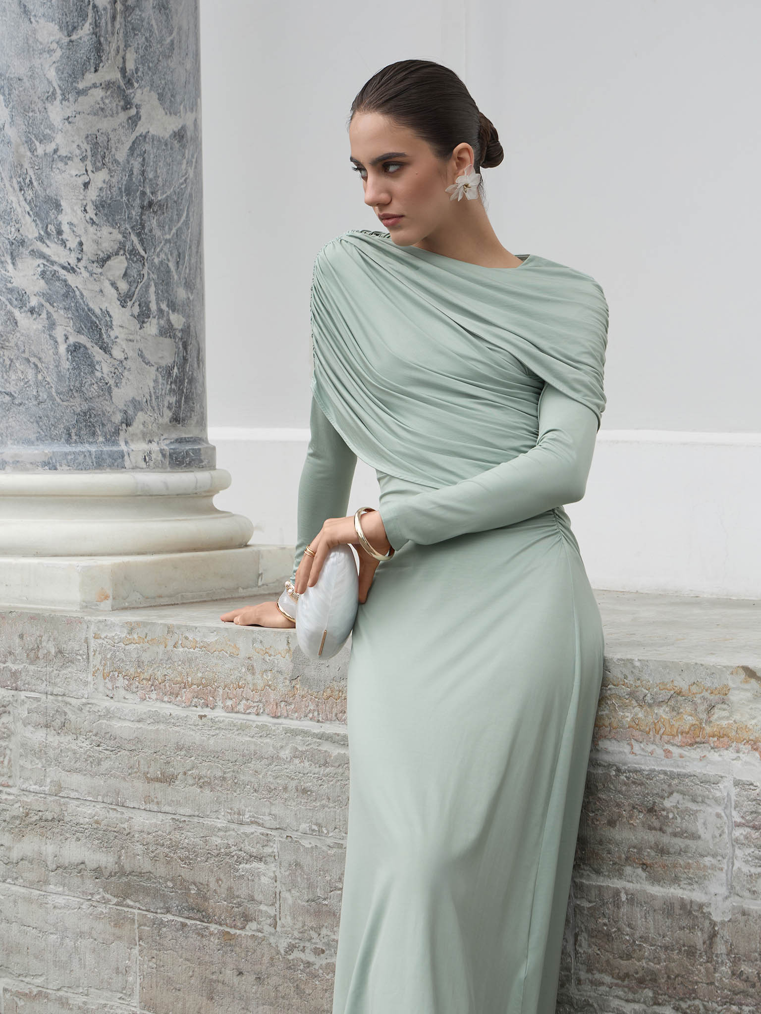 Knitted maxi dress with pleats and draped bodice