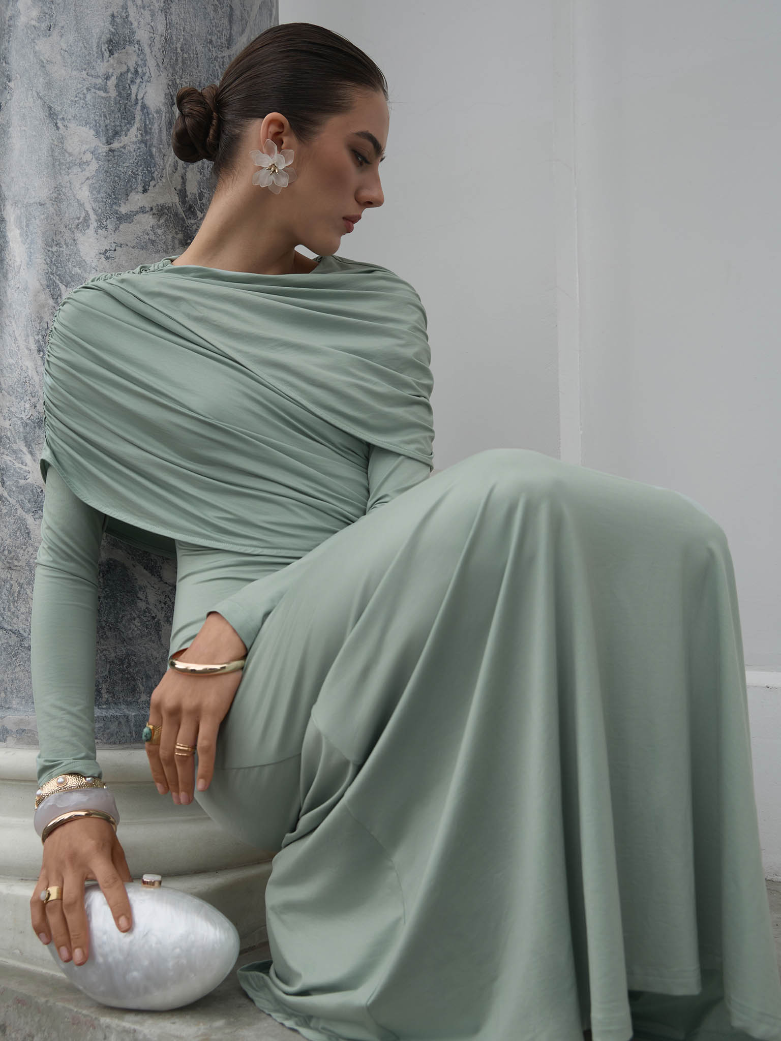 Knitted maxi dress with pleats and draped bodice