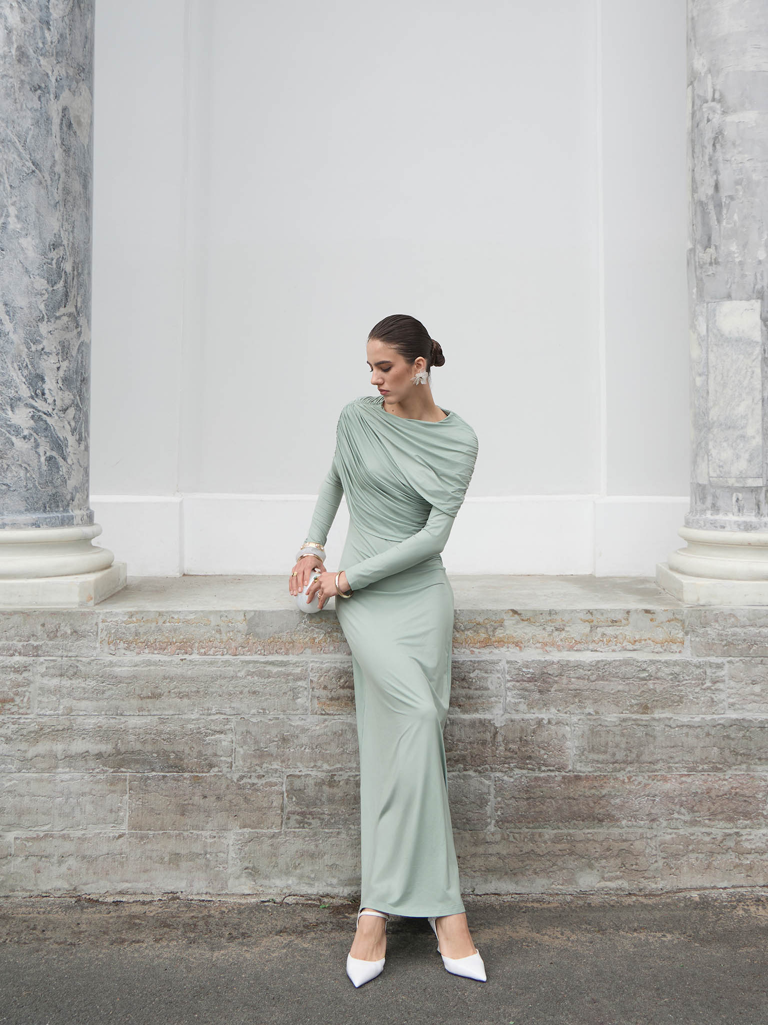 Knitted maxi dress with pleats and draped bodice