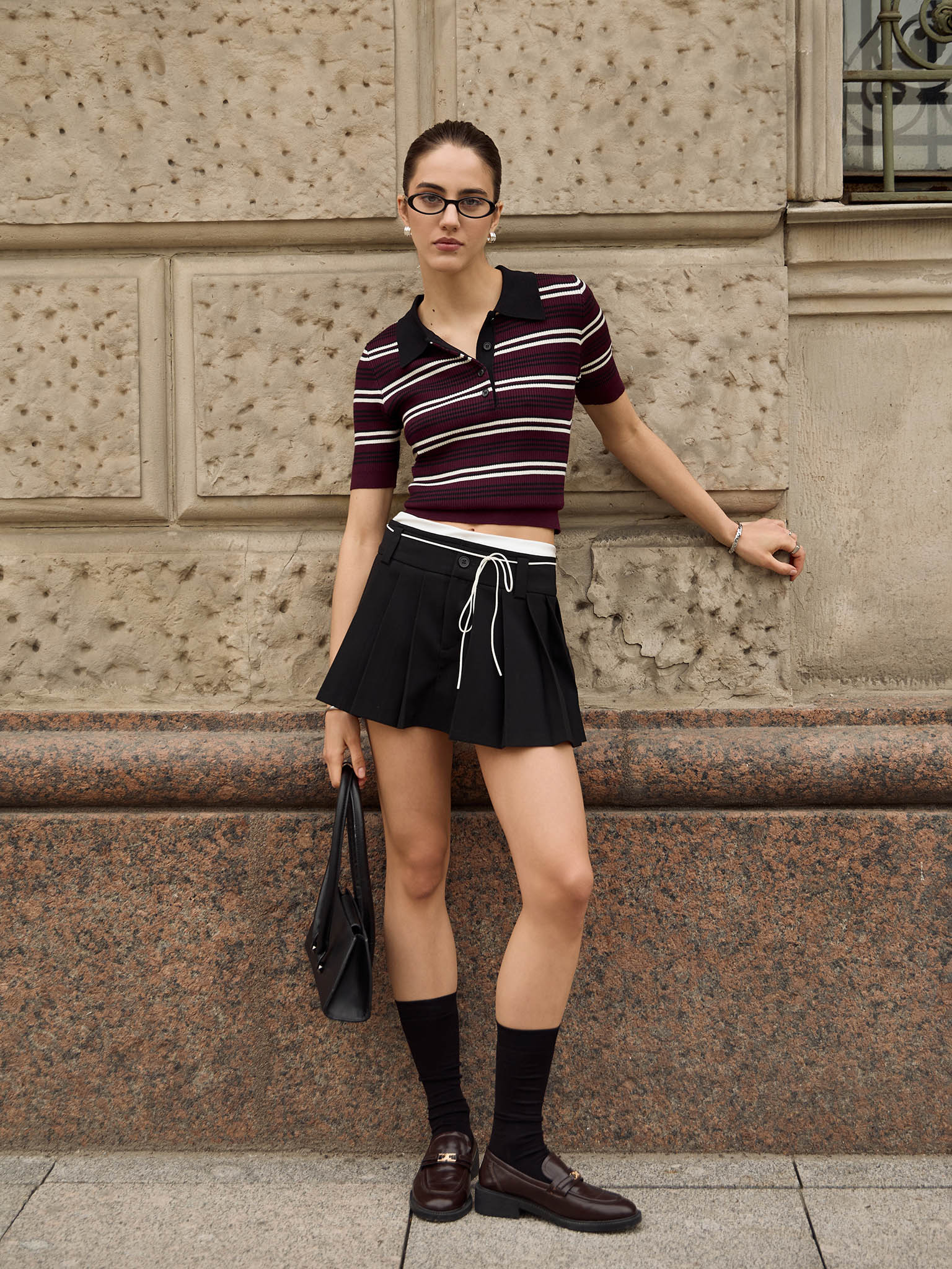 Cropped striped rib-knit polo