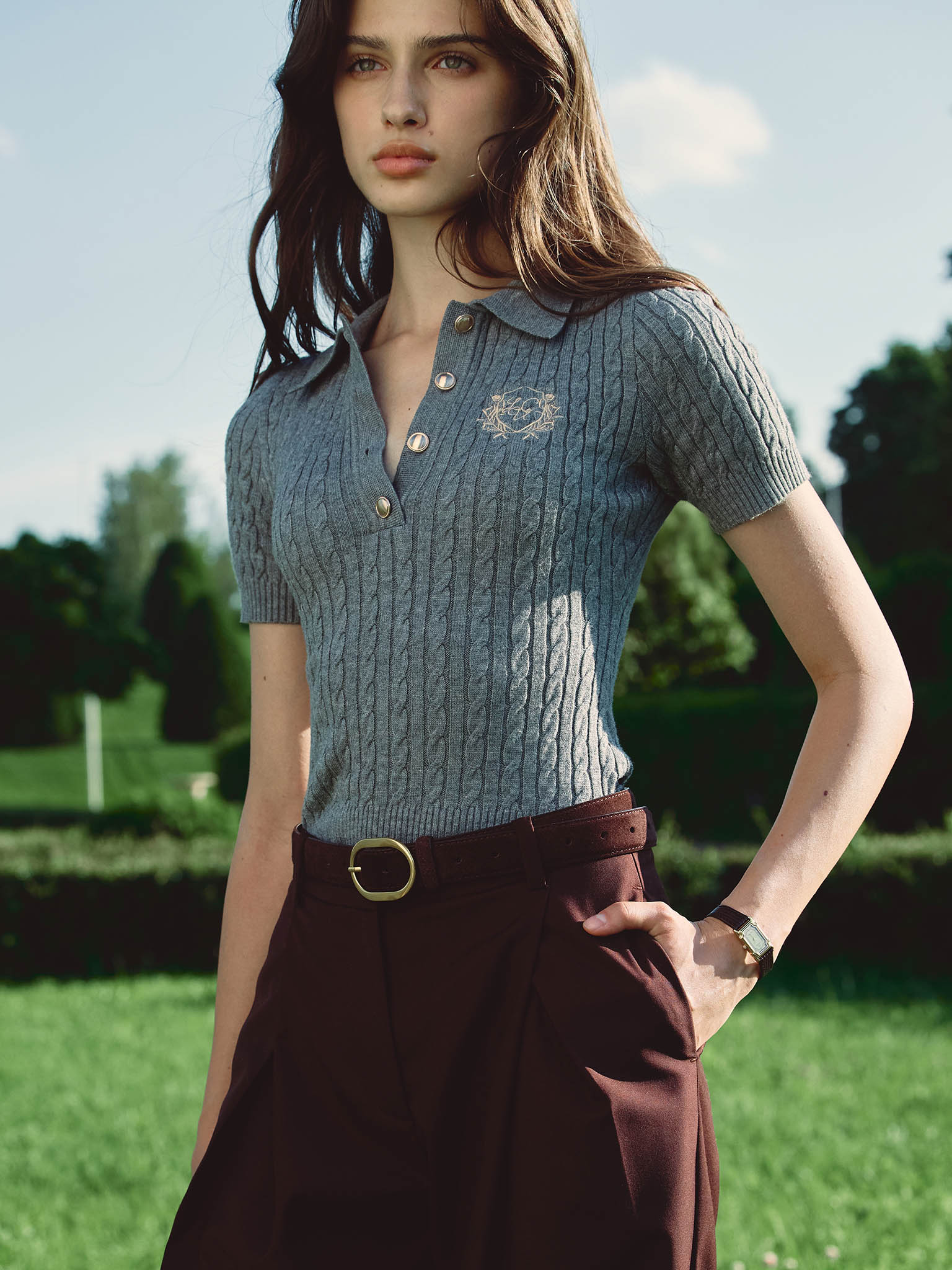Cable-knit polo with chest embroidery