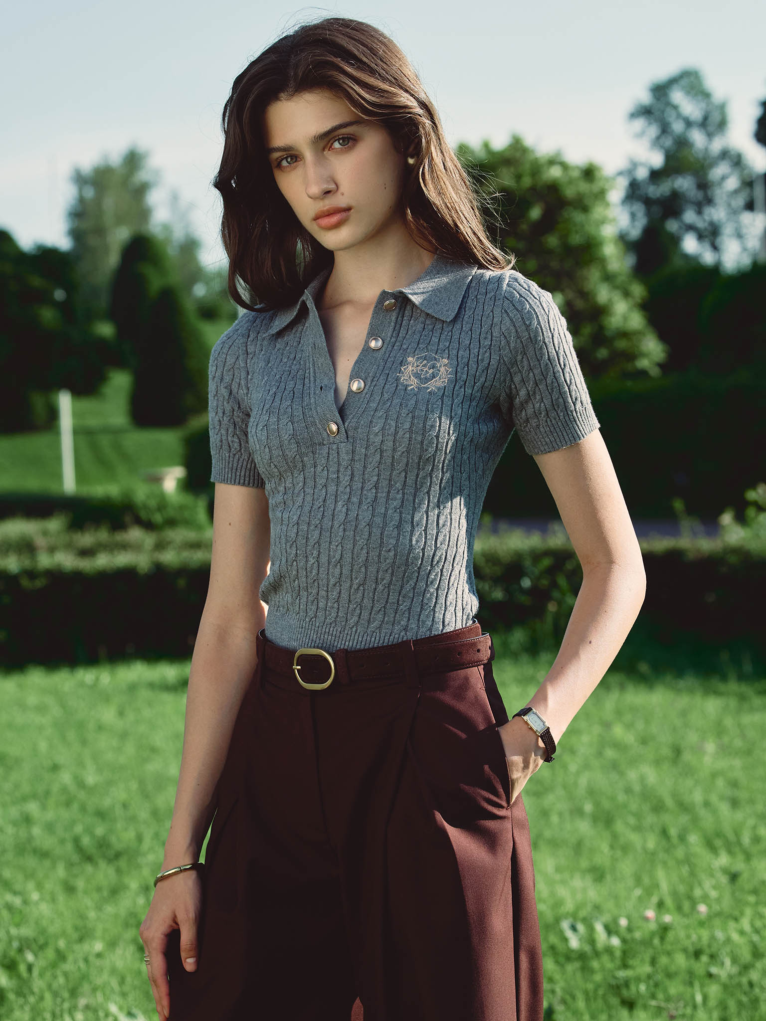 Cable-knit polo with chest embroidery