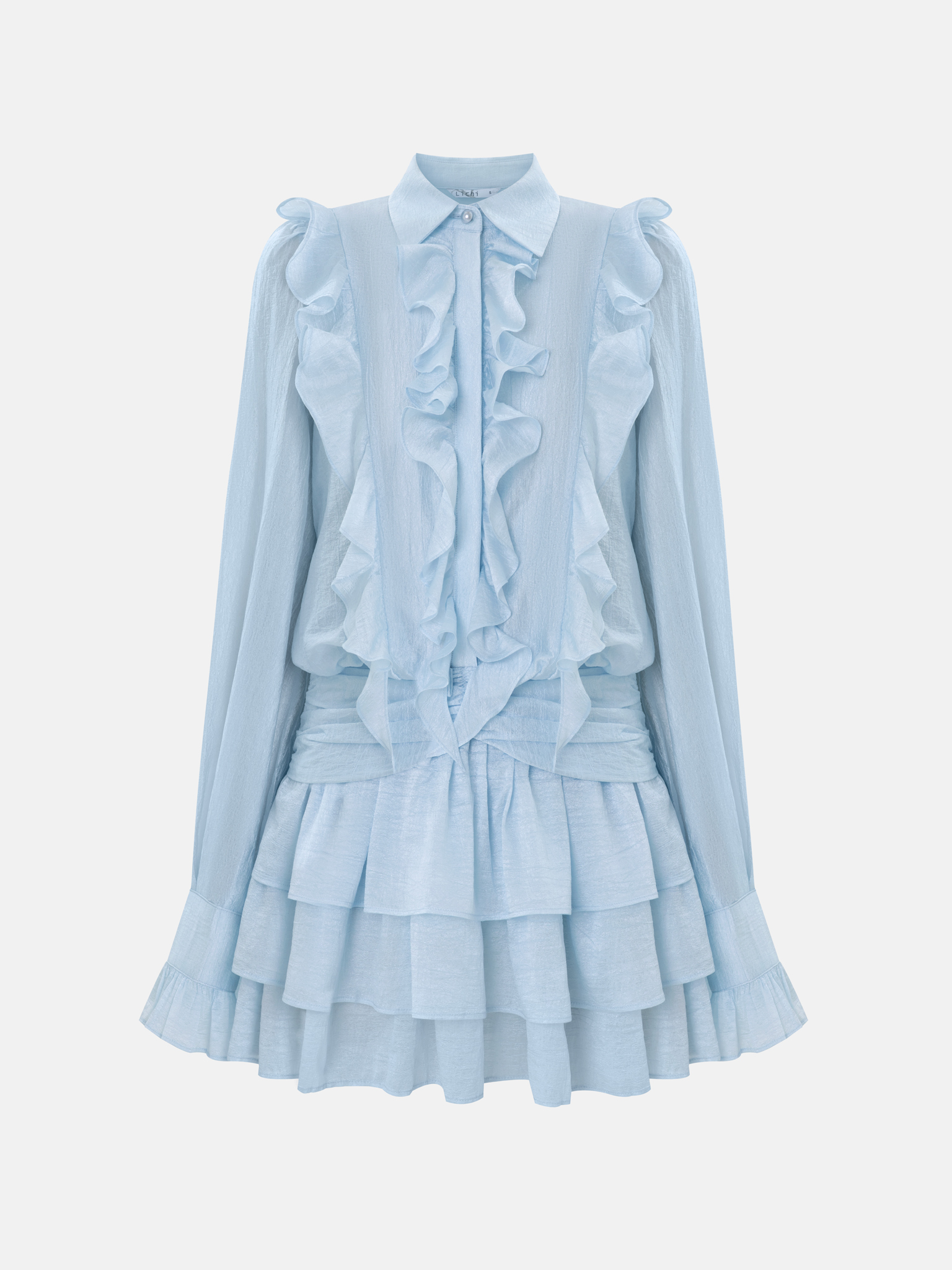 Textured fabric mini dress with ruffles on the bodice