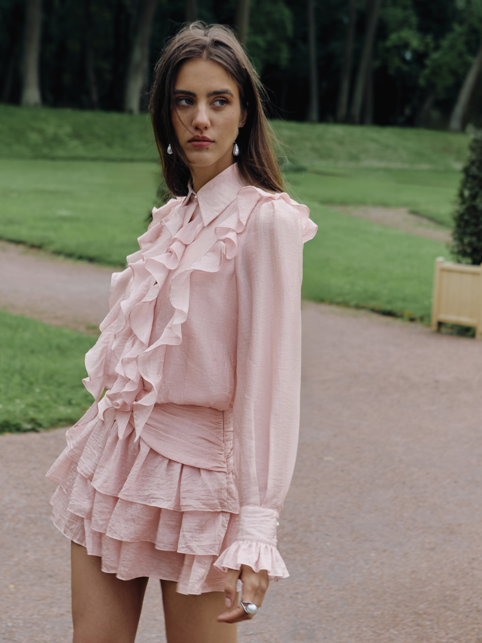 Textured fabric mini dress with ruffles on the bodice