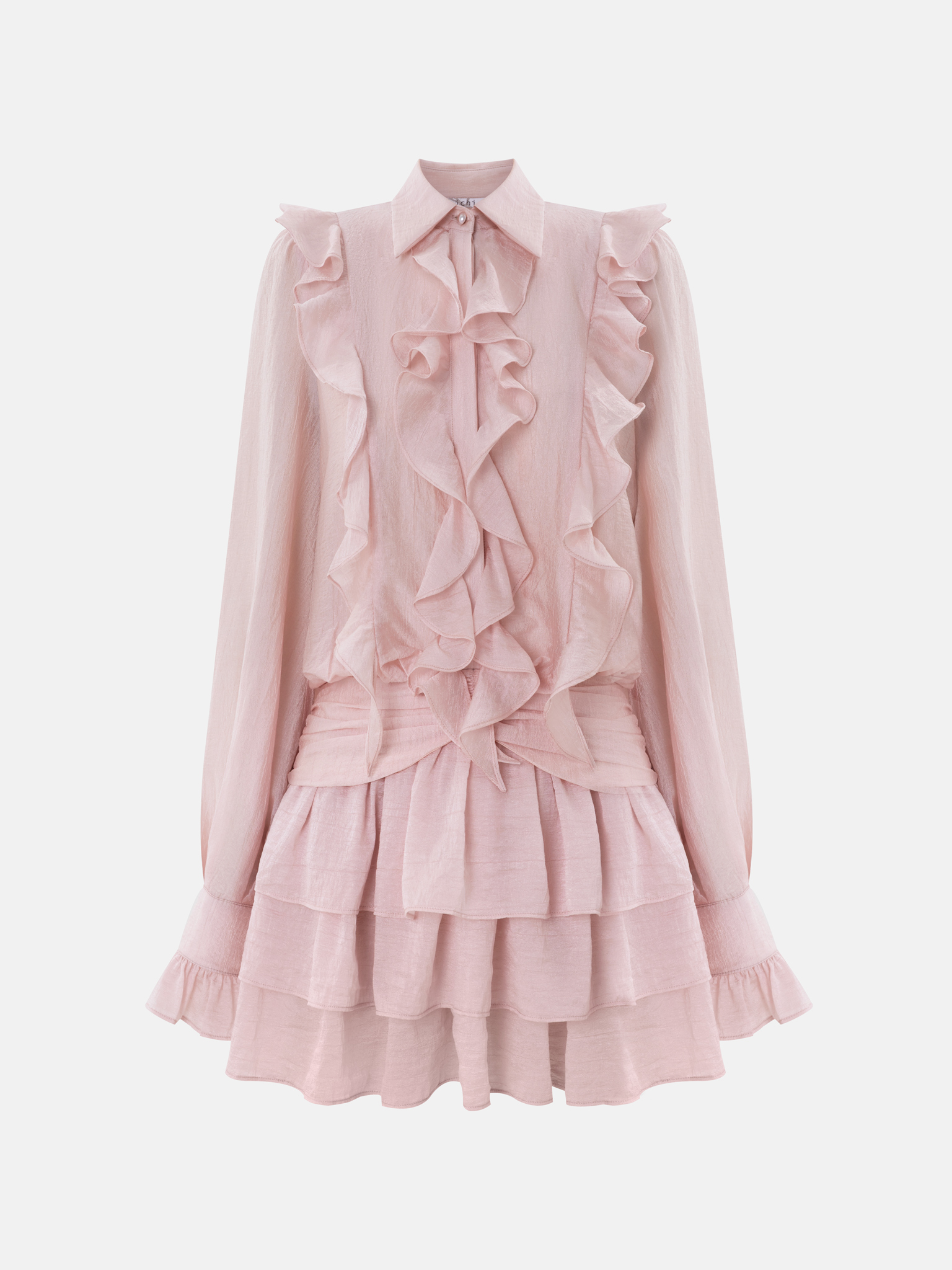 Textured fabric mini dress with ruffles on the bodice