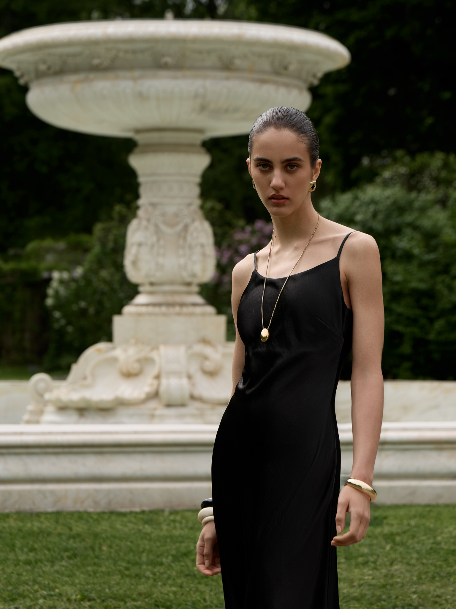 Maxi slip dress in crinkled-effect satin