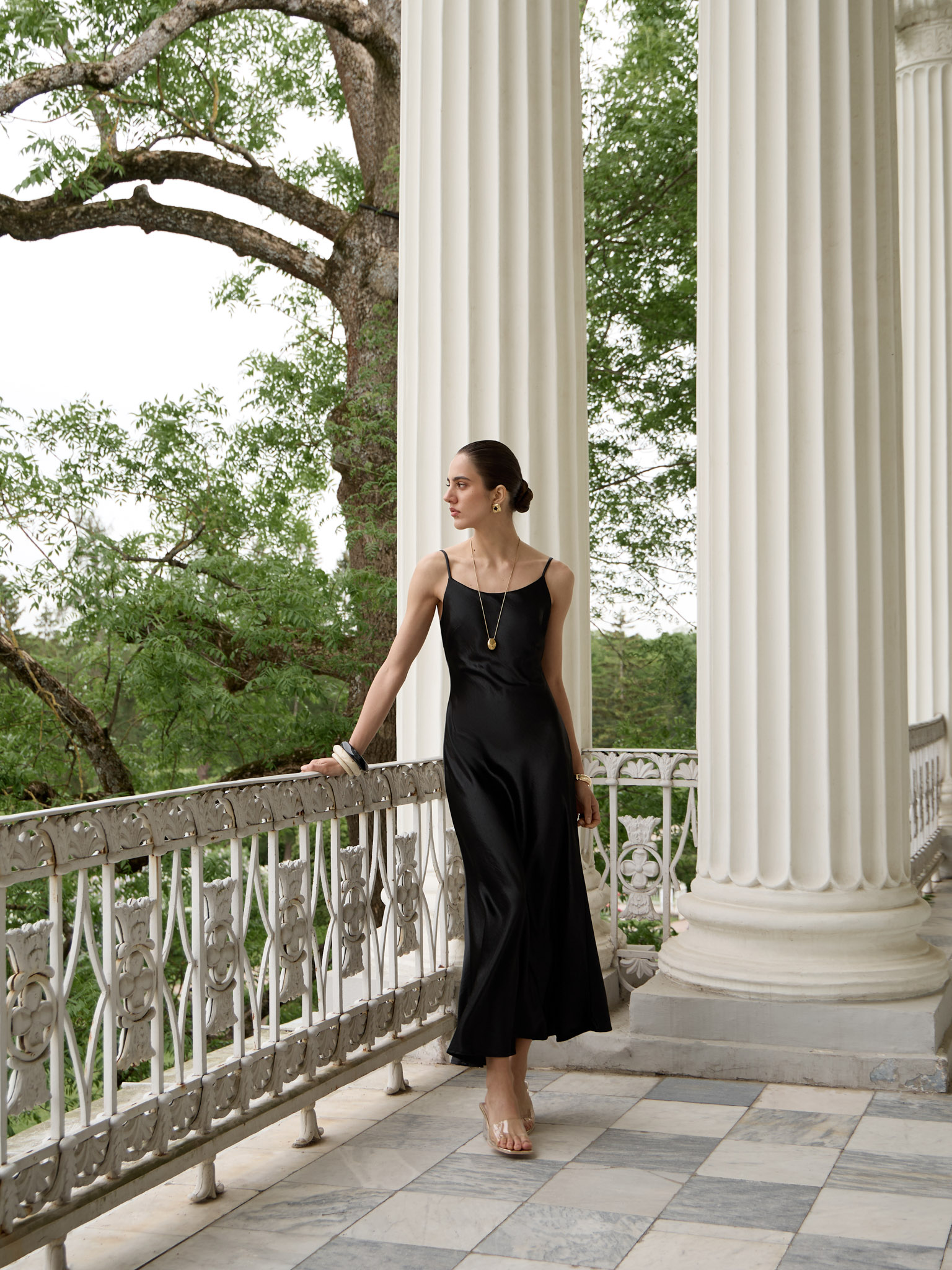 Maxi slip dress in crinkled-effect satin