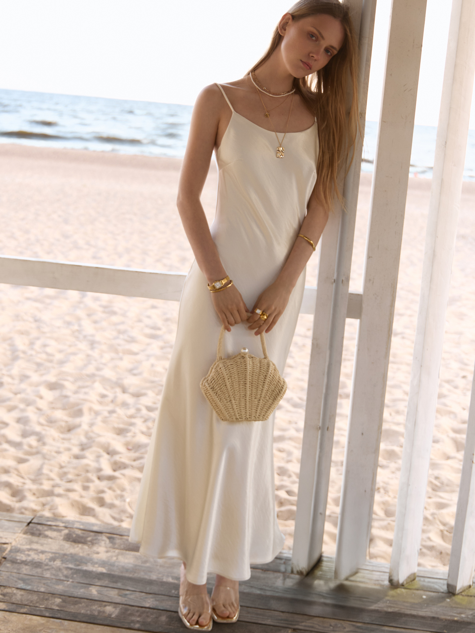 Maxi slip dress in crinkled-effect satin