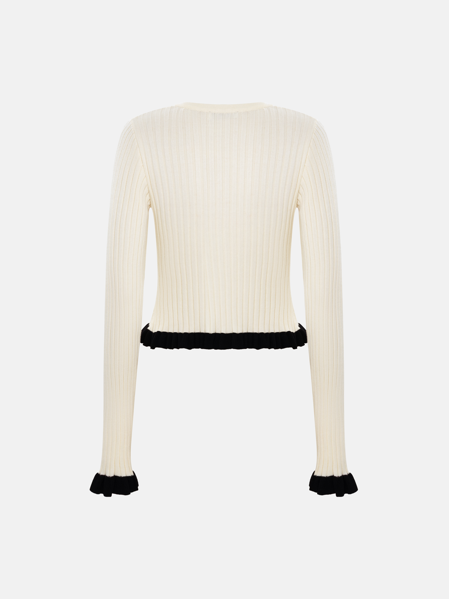 Strickjacke aus Rippstrick mit kontrastierenden Rüschen