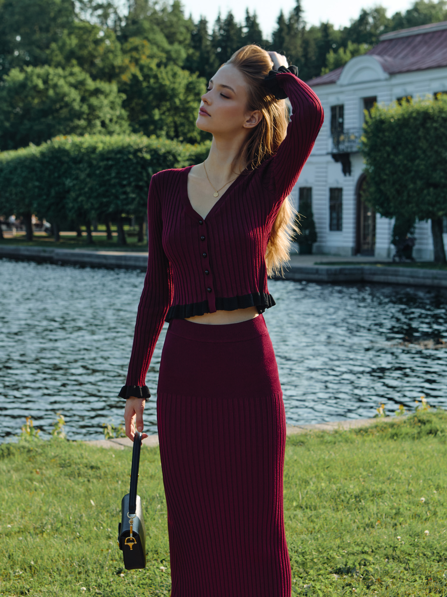 Rib-knit midi skirt with contrasting ruffles